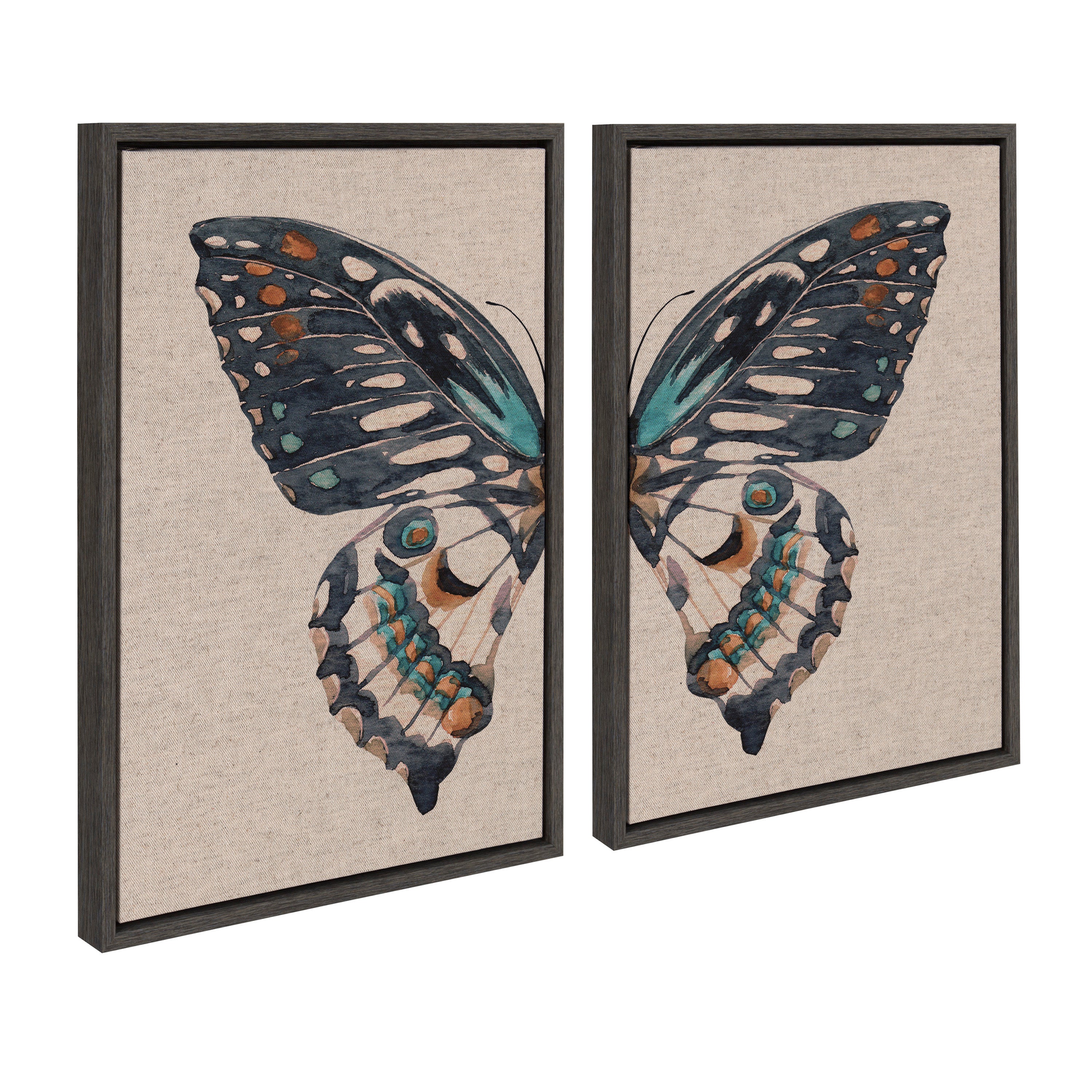 Sylvie Boho Butterfly Watercolor Diptych Neutral Linen Framed Canvas Art Set by The Creative Bunch Studio