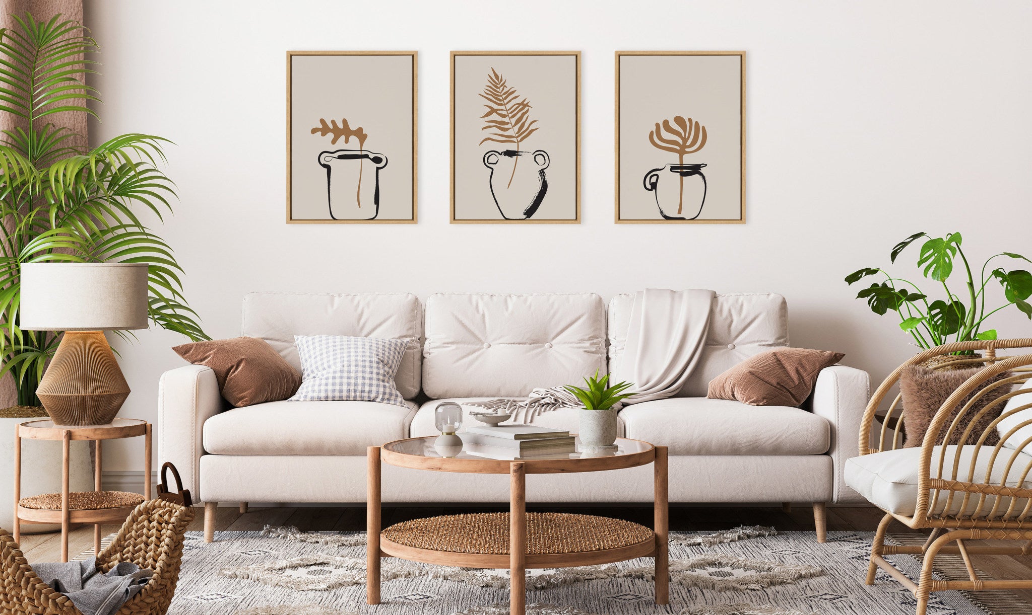 Sylvie Relaxed Retro Illustrated Botanical Vase Framed Canvas Art Set by The Creative Bunch Studio