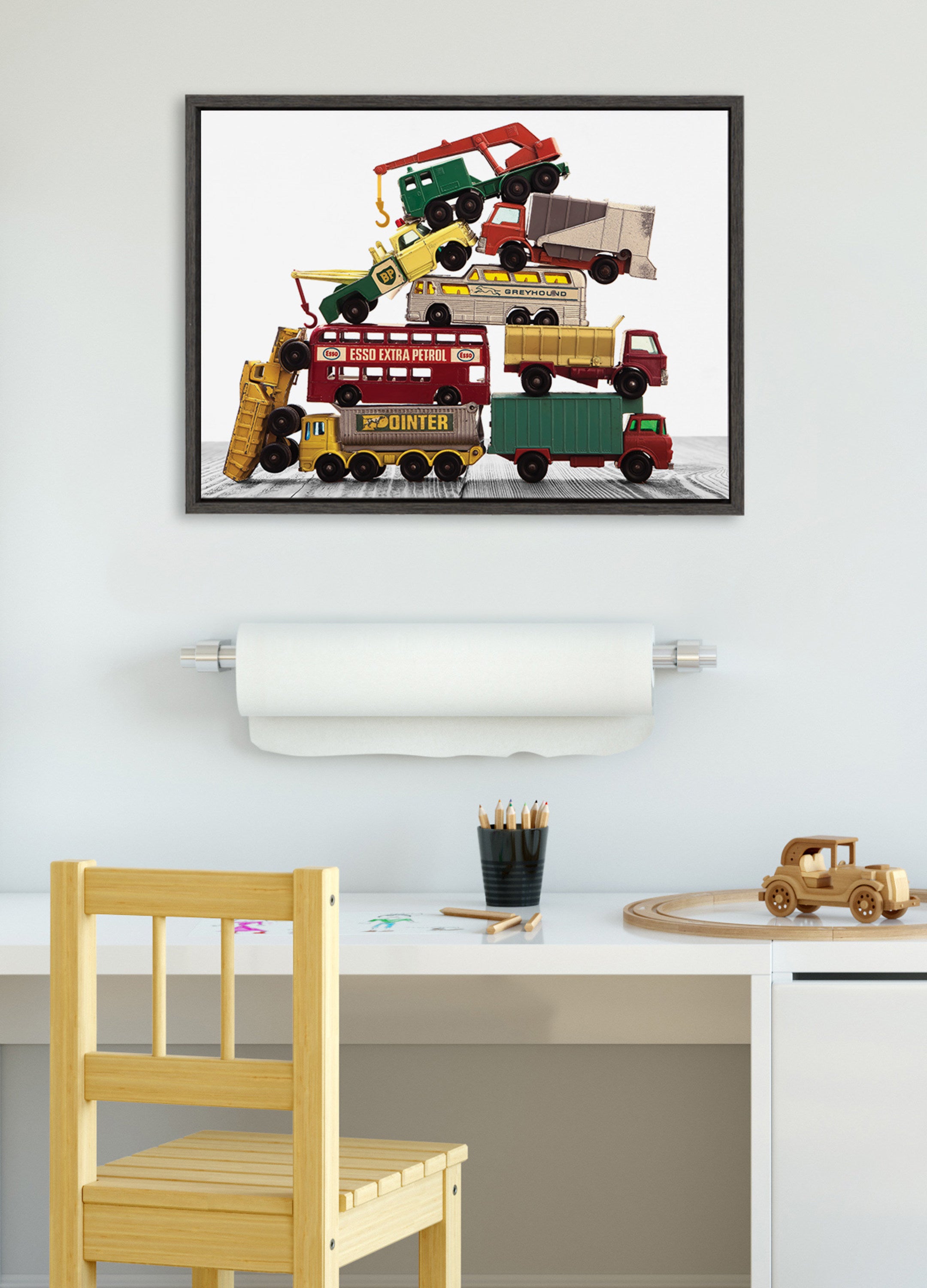 Sylvie Vintage Stacked Matchbox Work Vehicles Pile Framed Canvas by Saint and Sailor Studios