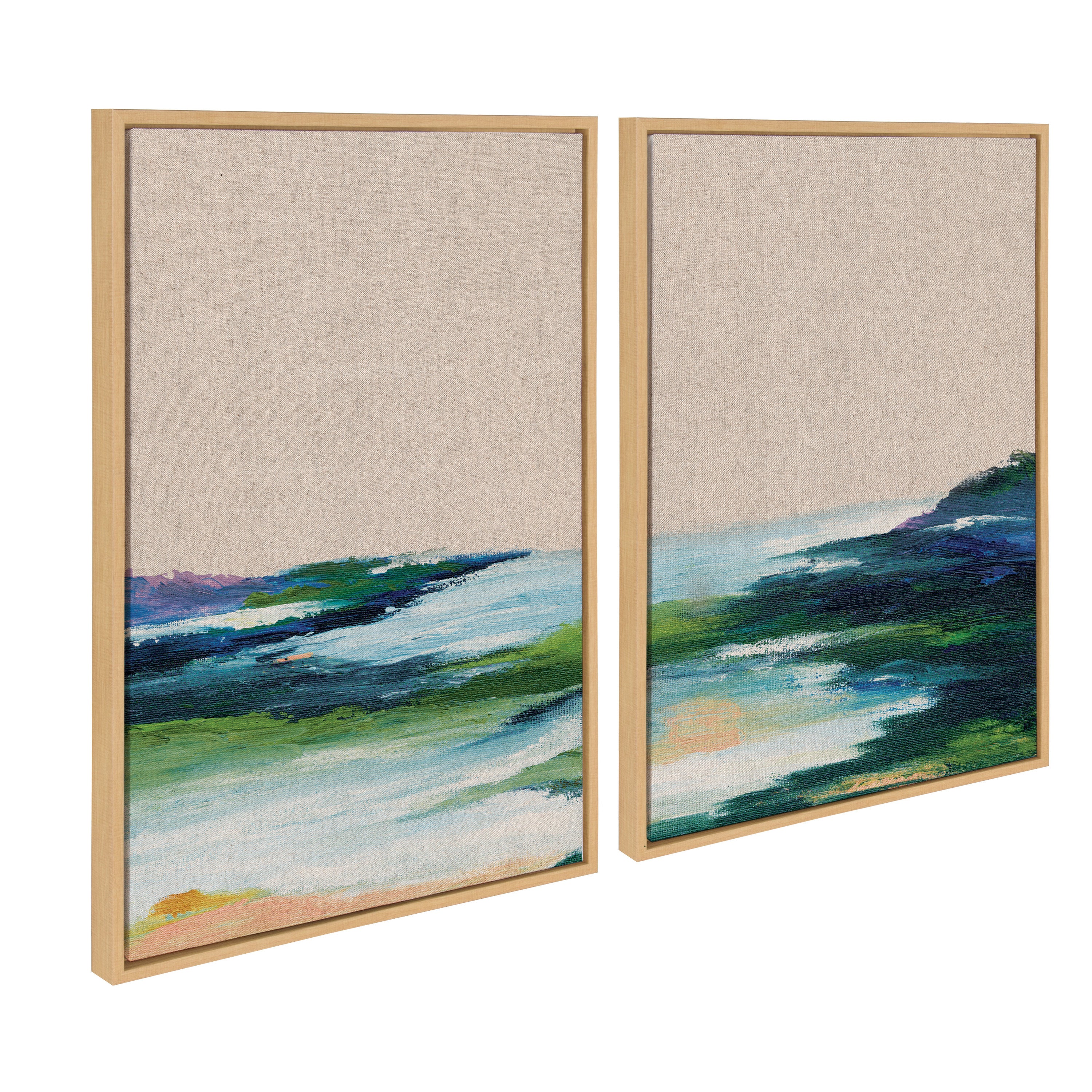 Sylvie Lake Huron I and II Neutral Linen Framed Canvas Art Set by Nikita Jariwala