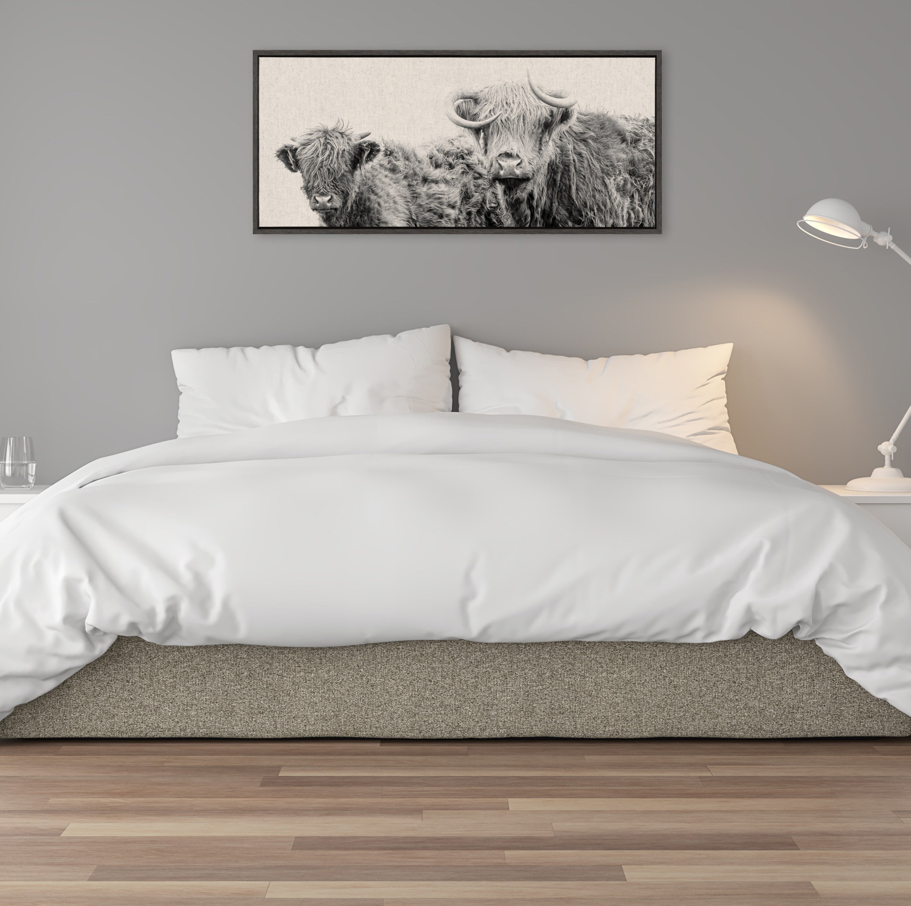 Sylvie Two Highland Cow Best Friends Neutral Linen Bright Framed Canvas by The Creative Bunch Studio