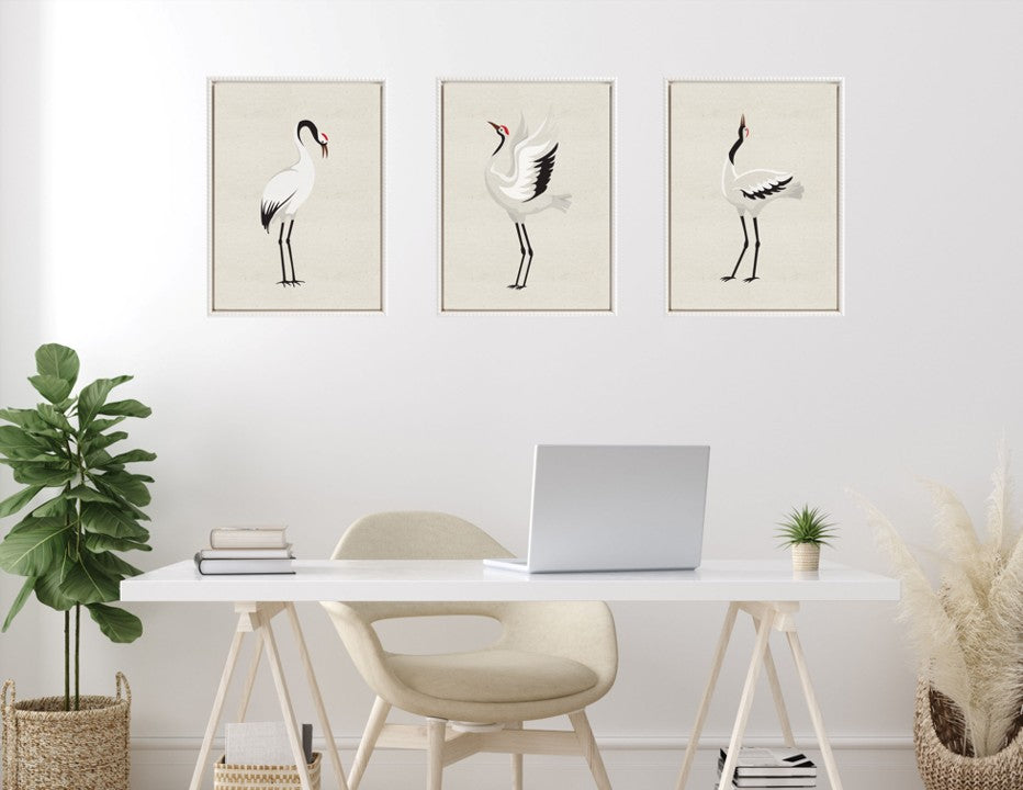 Sylvie Japanese Crane Bird with Red Crown 1. 2 and 3 Framed Canvas Art Set by The Creative Bunch Studio