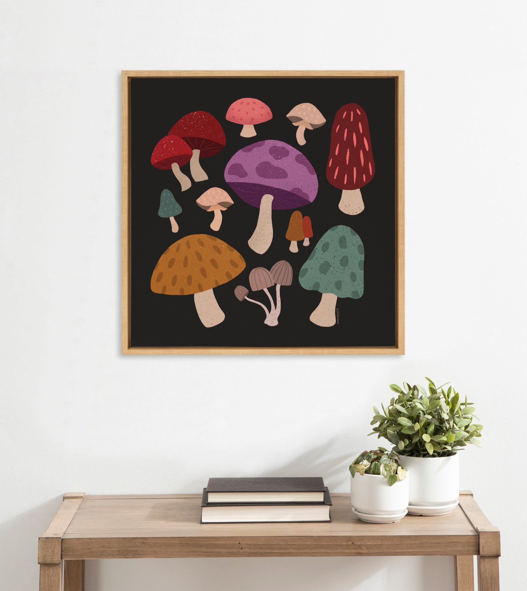 Sylvie Forest Mushrooms Dark Framed Canvas by Carey Copeland