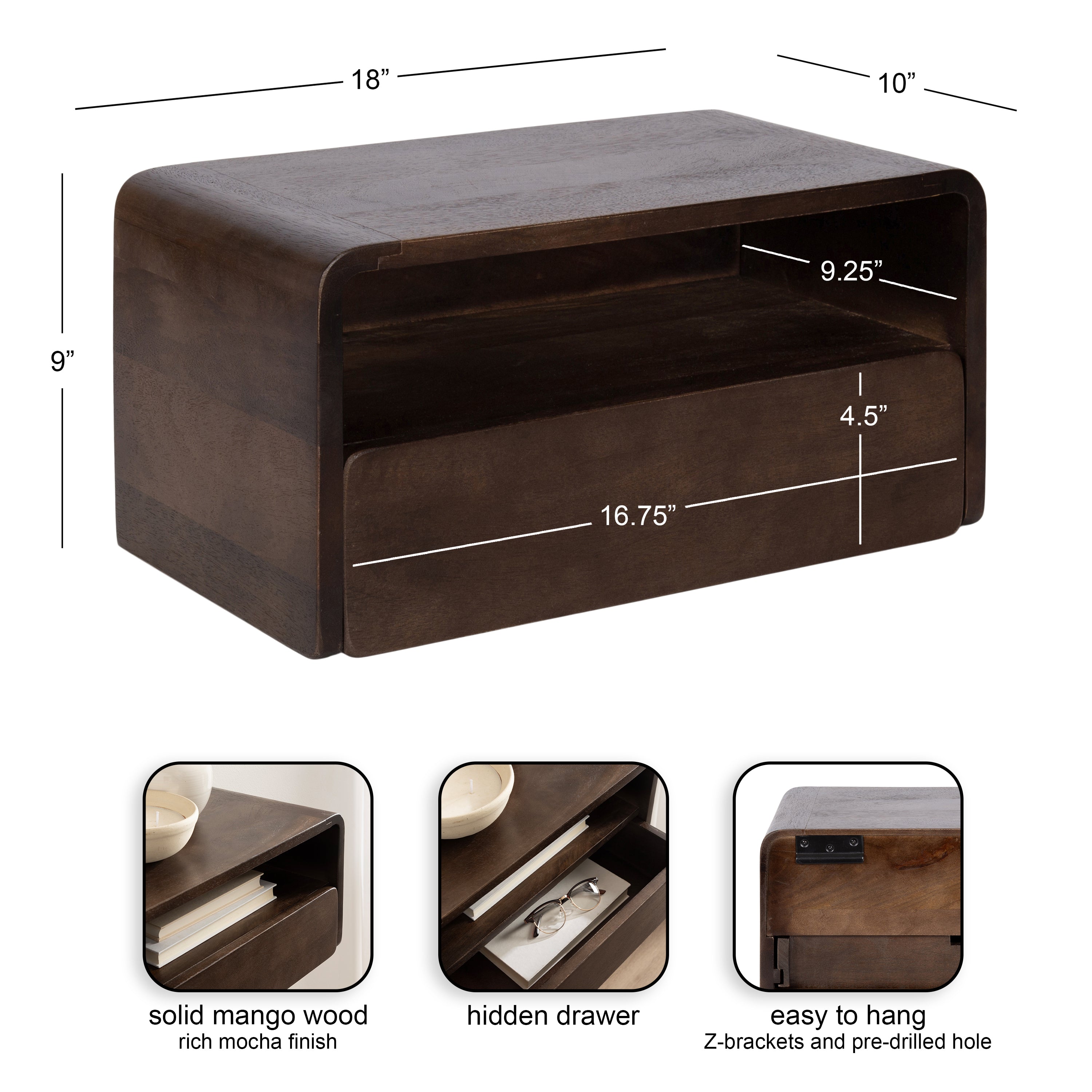 Floating Side Table Dark Brown 18x10x9 2