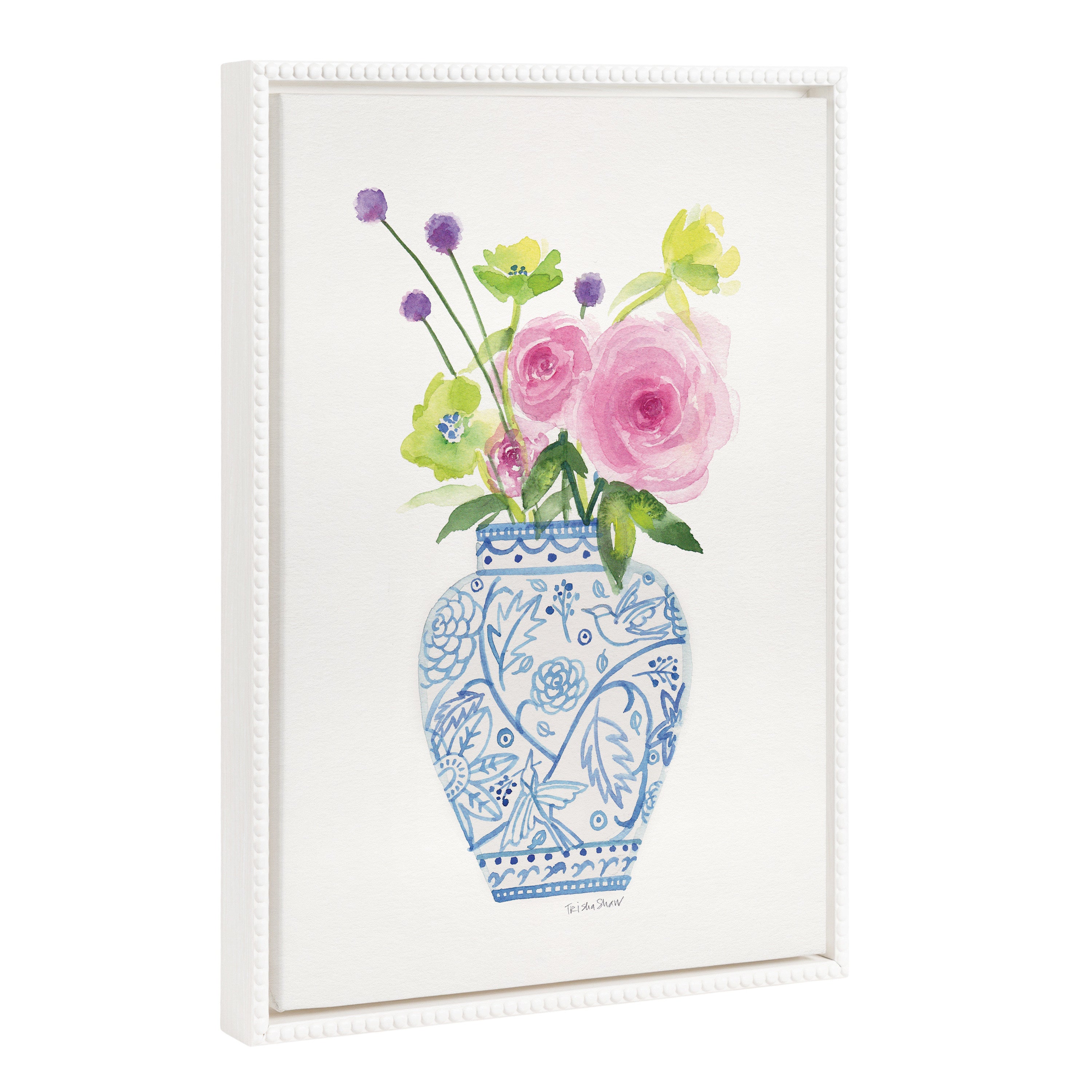 Sylvie Beaded Pink Blooms in Chinoiserie Framed Canvas by Patricia Shaw