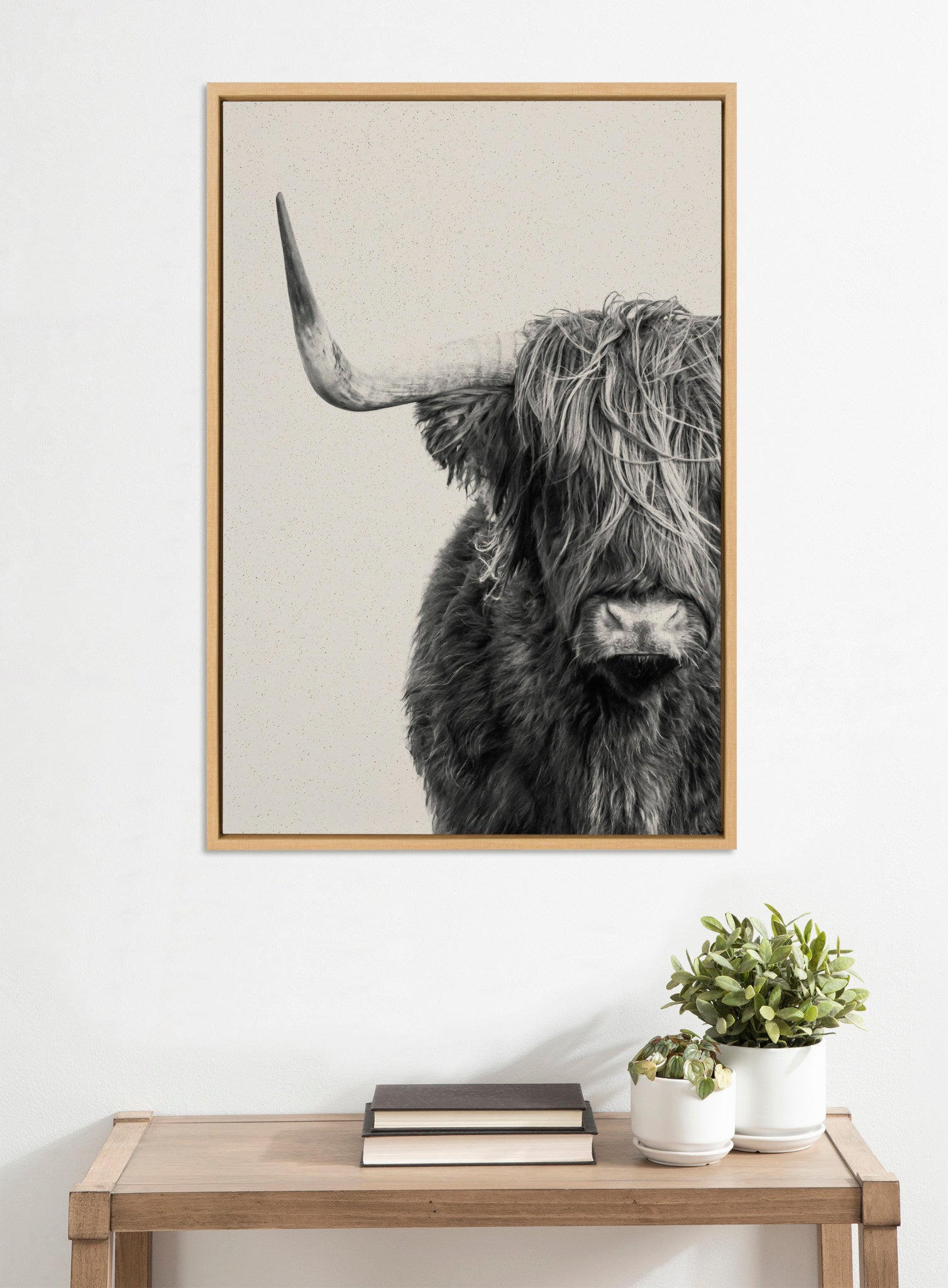 Sylvie B&W Highland Cow No 1 Natural Texture Framed Canvas by Amy Peterson Art Studio