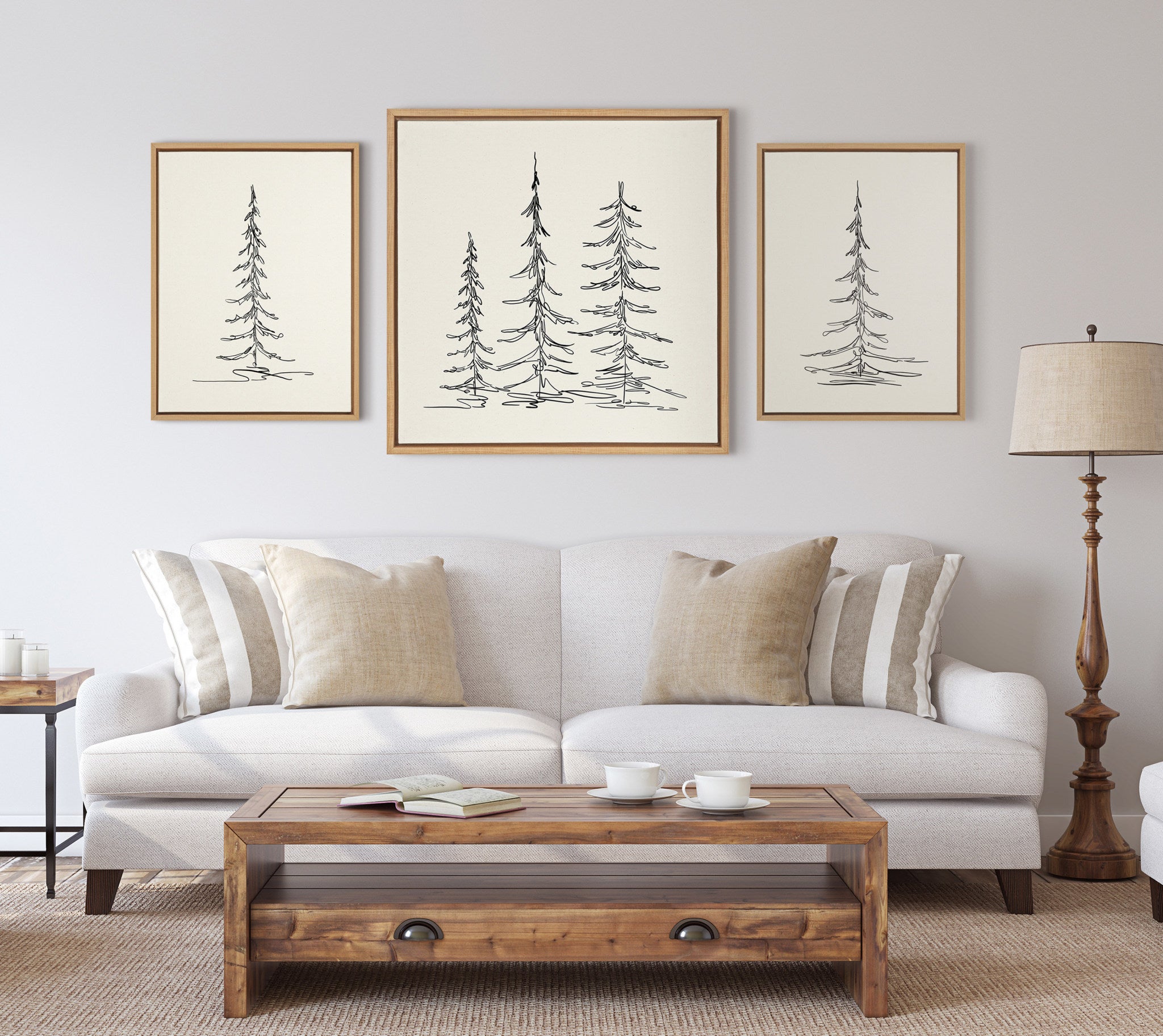 Sylvie Minimalist Evergreen Trees Sketch Framed Canvas Art Set by The Creative Bunch Studio