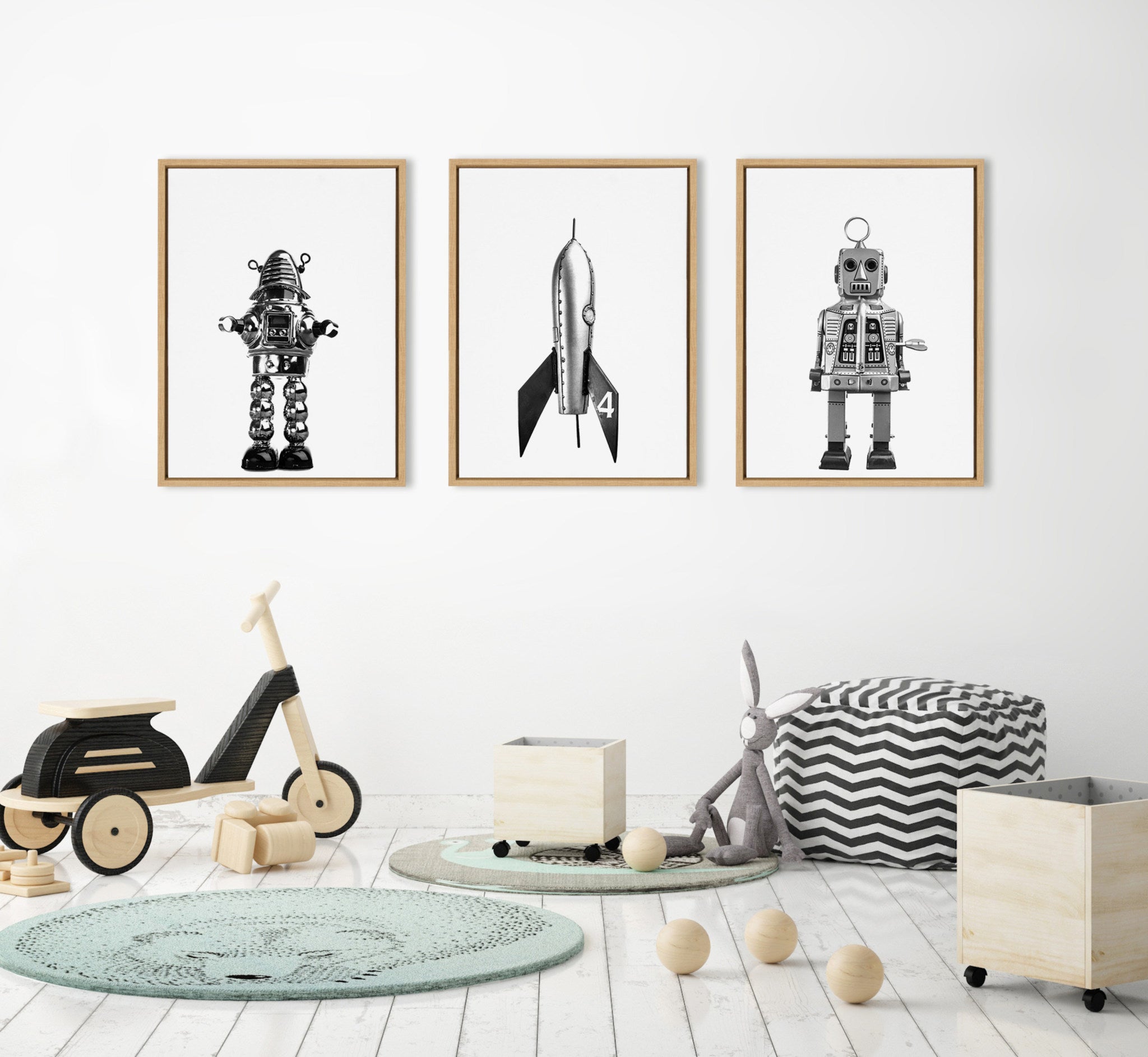 Sylvie Sparky Space Robot, No 4 Rocket and Robbey Robot Black and White Set Framed Canvas Art Set by Saint and Sailor Studios
