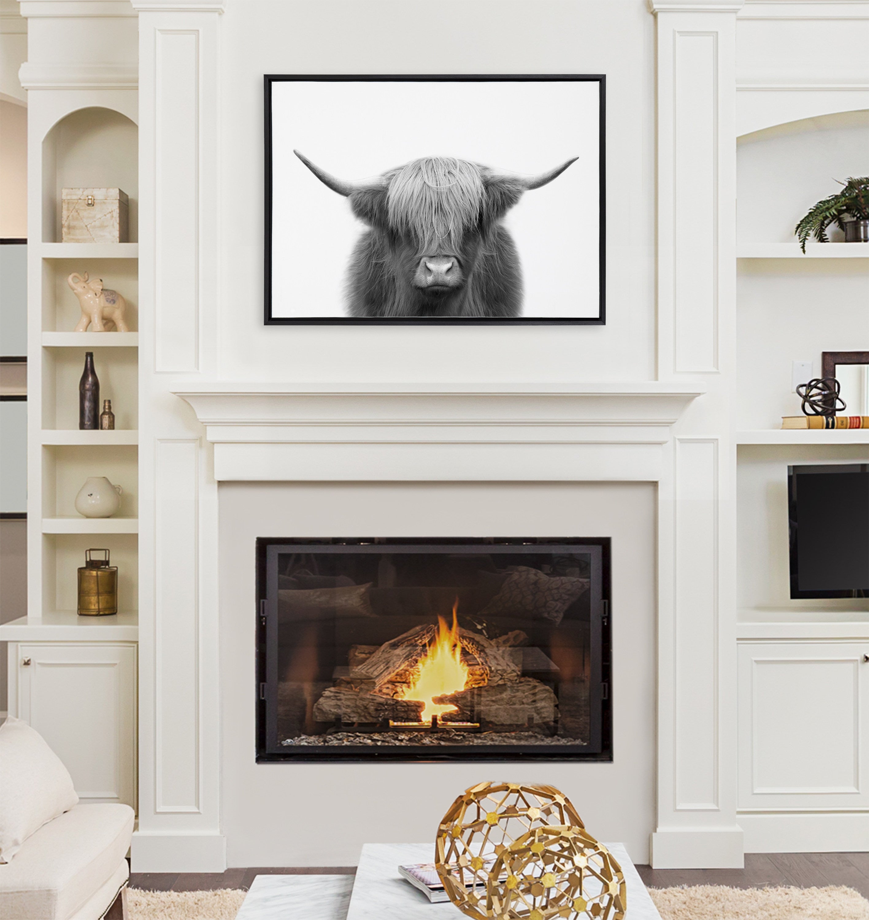 Sylvie Hey Dude Highland Cow BW Framed Canvas by The Creative Bunch Studio