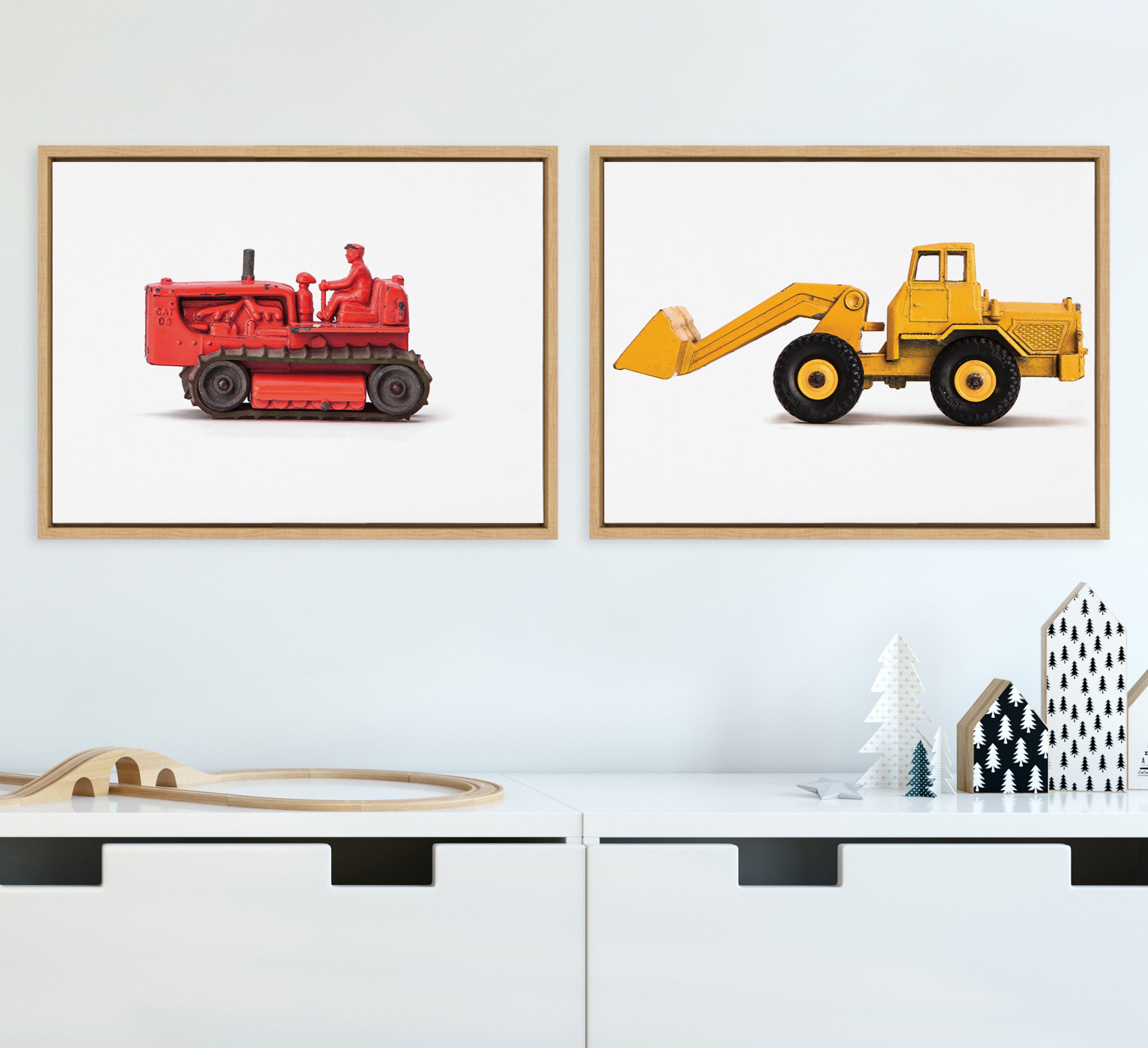 Sylvie Vintage Toy Bulldozer Red and Vintage Toy Front End Loader Yellow Framed Canvas Art Set by Saint and Sailor Studios