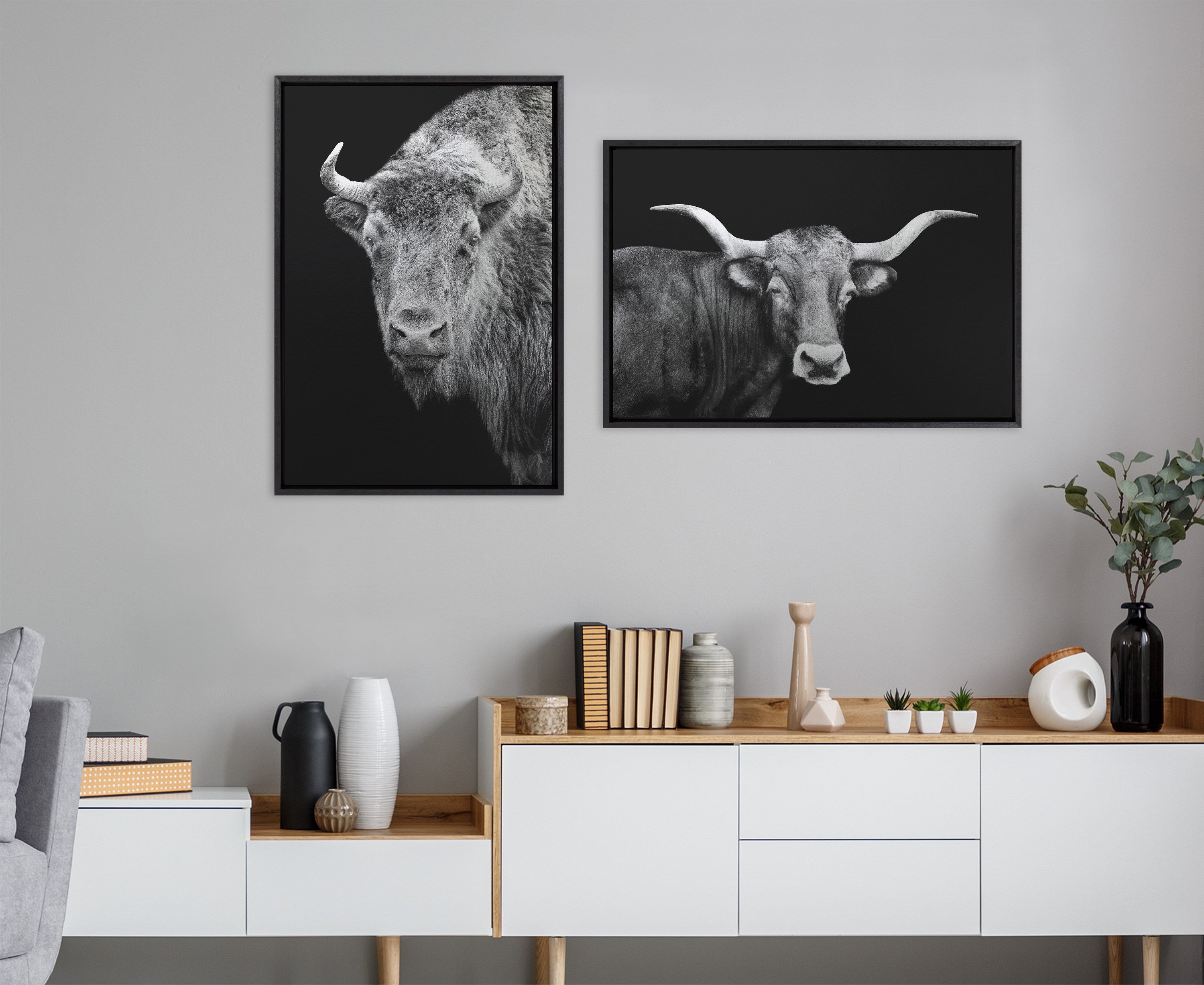 Sylvie Tudanca Cow Longhorn Bull Cattle Animal BW Framed Canvas by Xyo