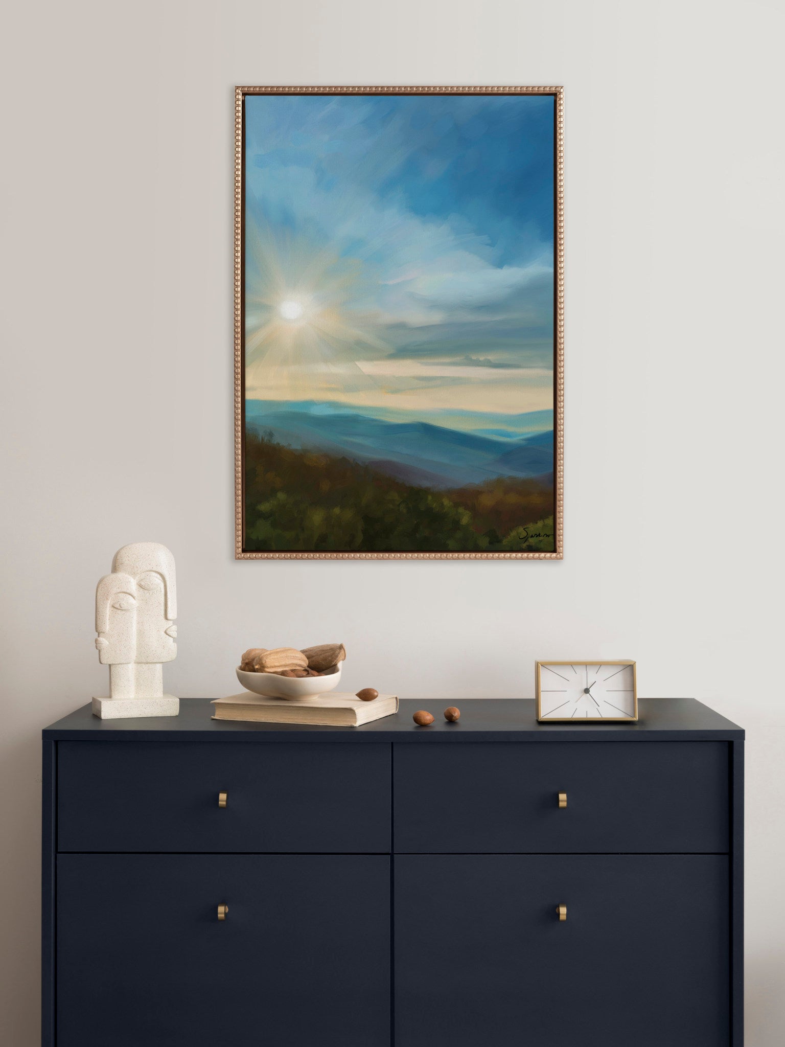 Sylvie Beaded Blue Ridge Sun Framed Canvas by Mary Sparrow