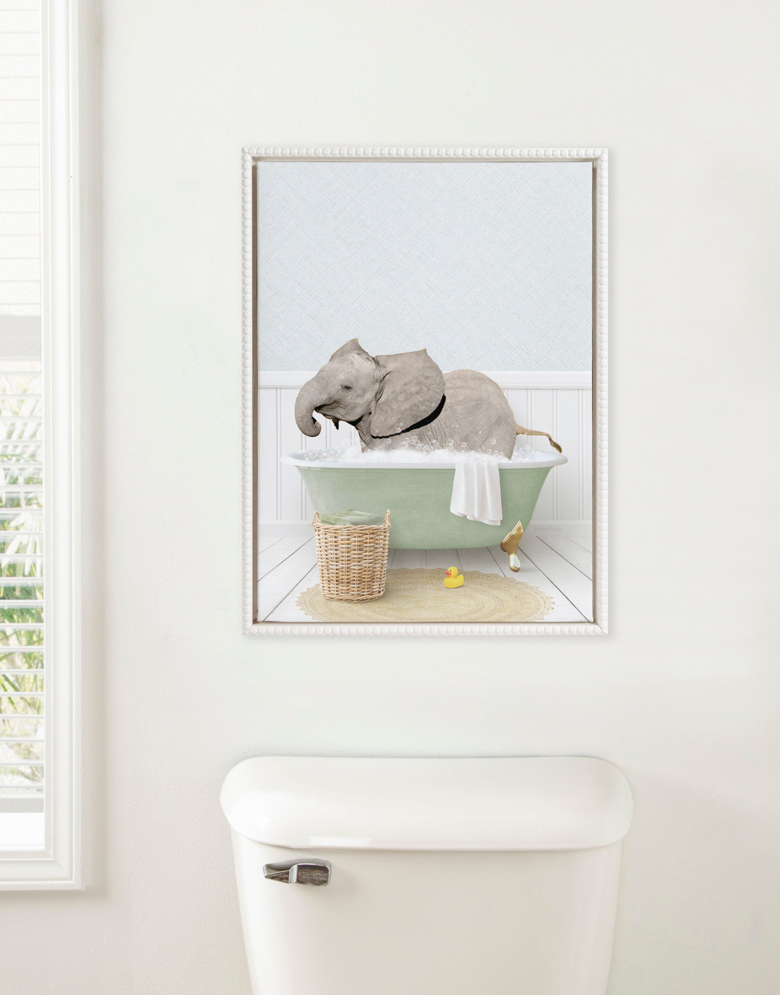 Sylvie Beaded Baby Elephant Side in Cottage Bath Framed Canvas by Amy Peterson