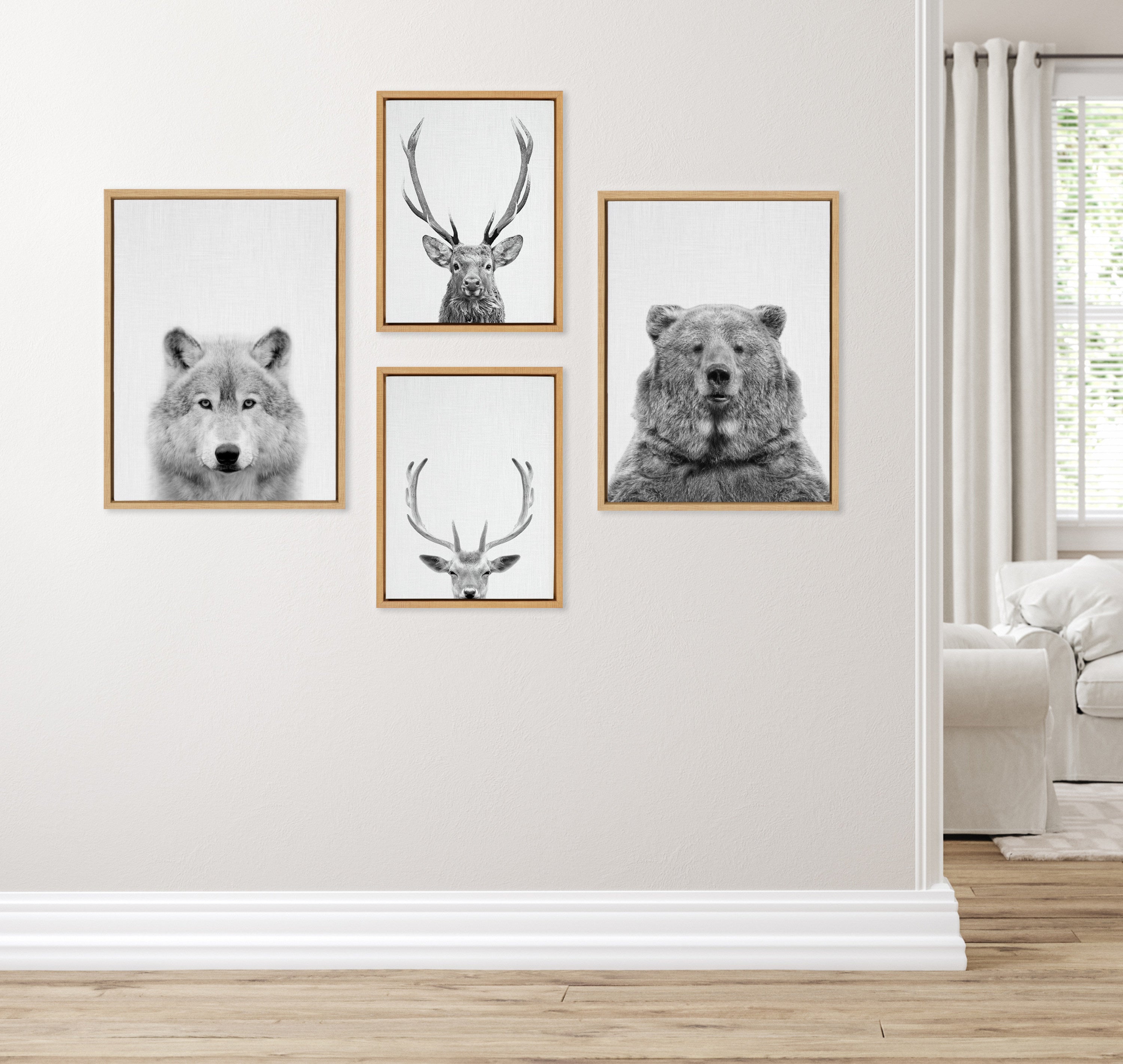 Sylvie Deer, Wolf, Bear European and Cervus Elaphus The Red Deer Black and White Framed Canvas Art Set by Simon Te of Tai Prints