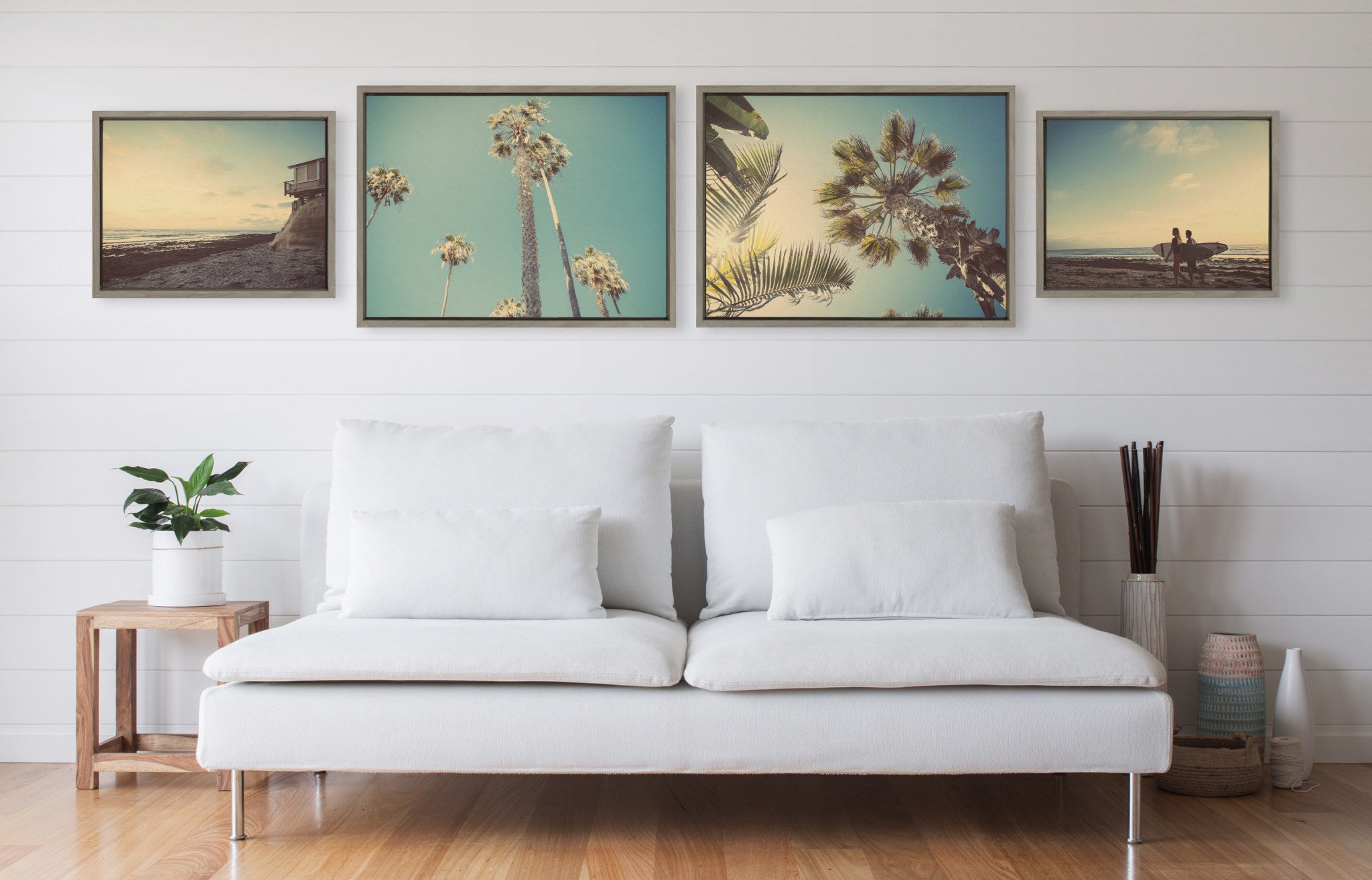 Sylvie House on Beach, Palm Trees in Lajolla, Palm Tree Sunburst and Surfers Framed Canvas Art Set by Saint and Sailor Studios
