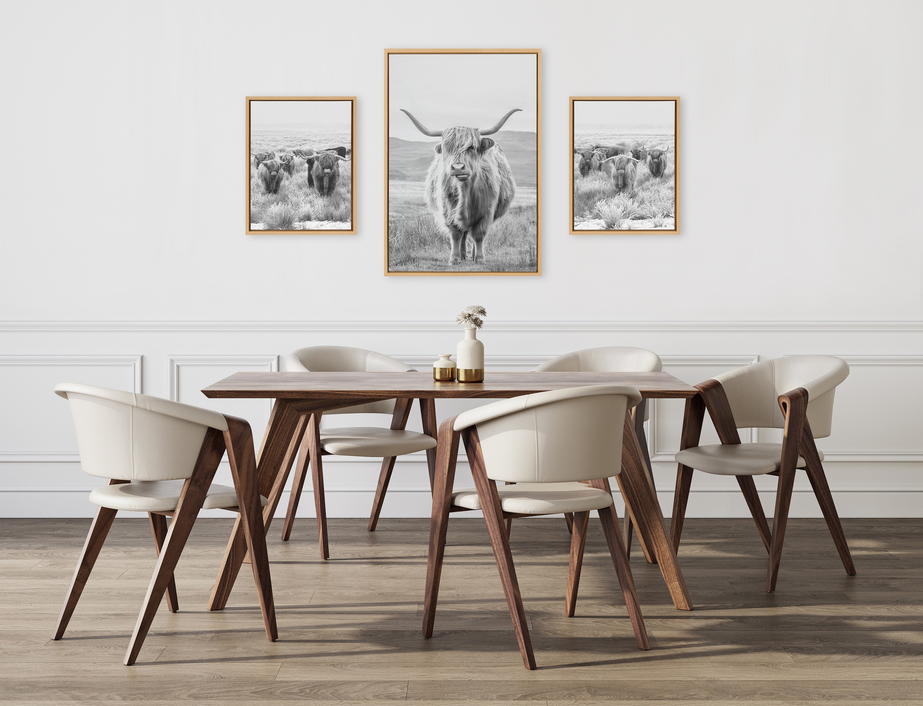 Sylvie Herd of Highland Cows BW Left and Right and Highland Cow Mountain Landscape Black and White Framed Canvas Art Set by The Creative Bunch Studio