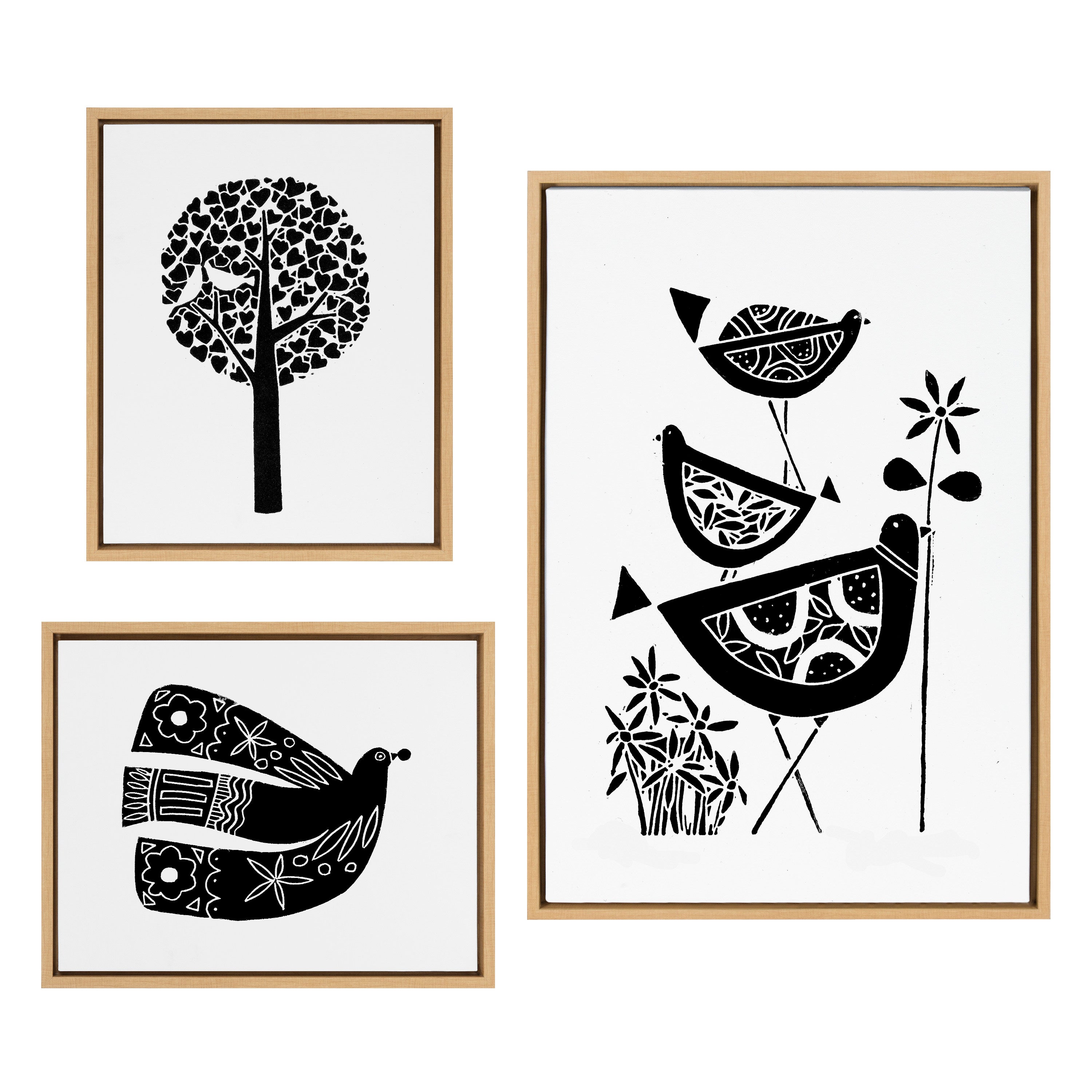 Kate and Laurel Sylvie Trio Linocut, Love Tree Linocut and Over the Cloud  Linocut Framed Canvas Wall Art Set by Giuliana Lazzerini, 3 Piece Set  Natural, Black and White Natural Art for