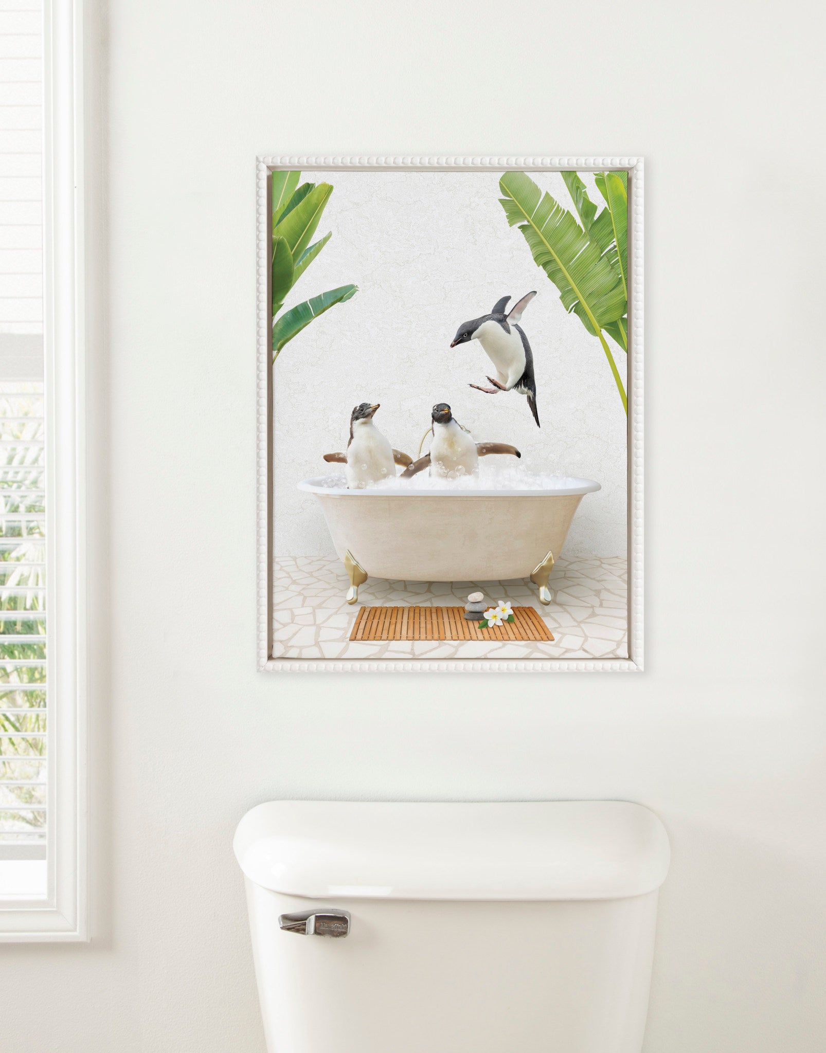 Sylvie Beaded Penguins Bali Bath Framed Canvas by Amy Peterson