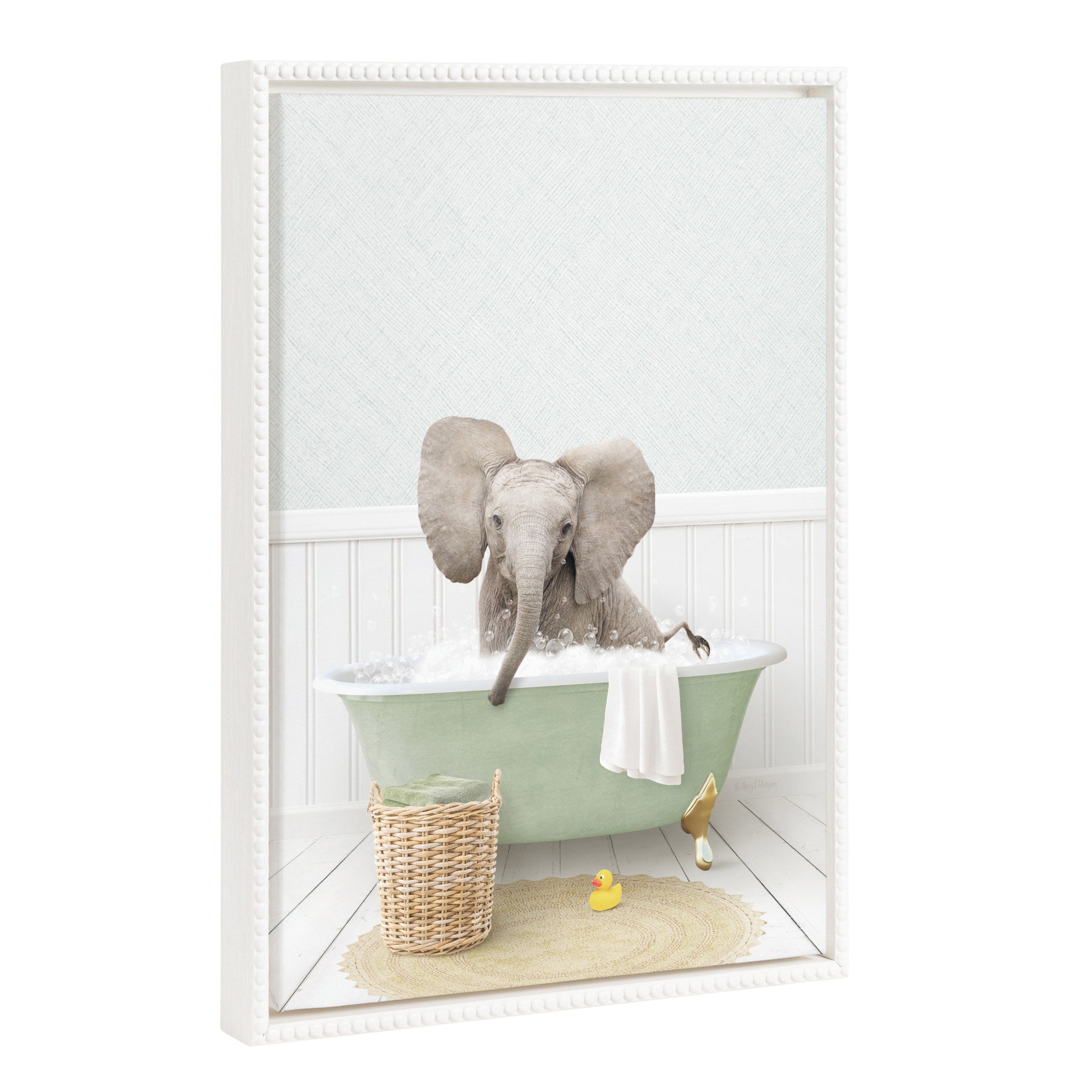 Sylvie Beaded Baby Elephant Big Ears in Cottage Bath Framed Canvas by Amy Peterson