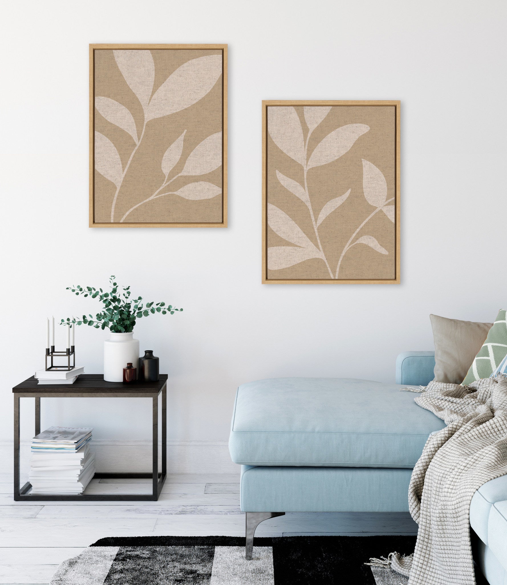 Sylvie Modern Neutral Botanical Abstract Print No 2 and 3 Neutral Linen Framed Canvas Art Set by The Creative Bunch Studio