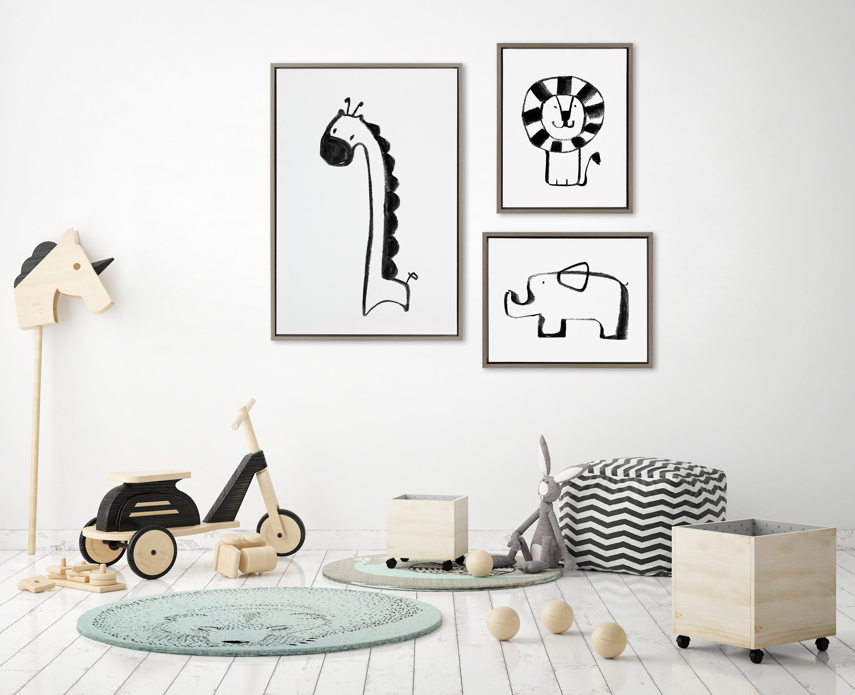 Sylvie 390 Giraffe BW, 409 Lion BW and 400 Elephant BW Framed Canvas Art Set by Teju Reval of SnazzyHues