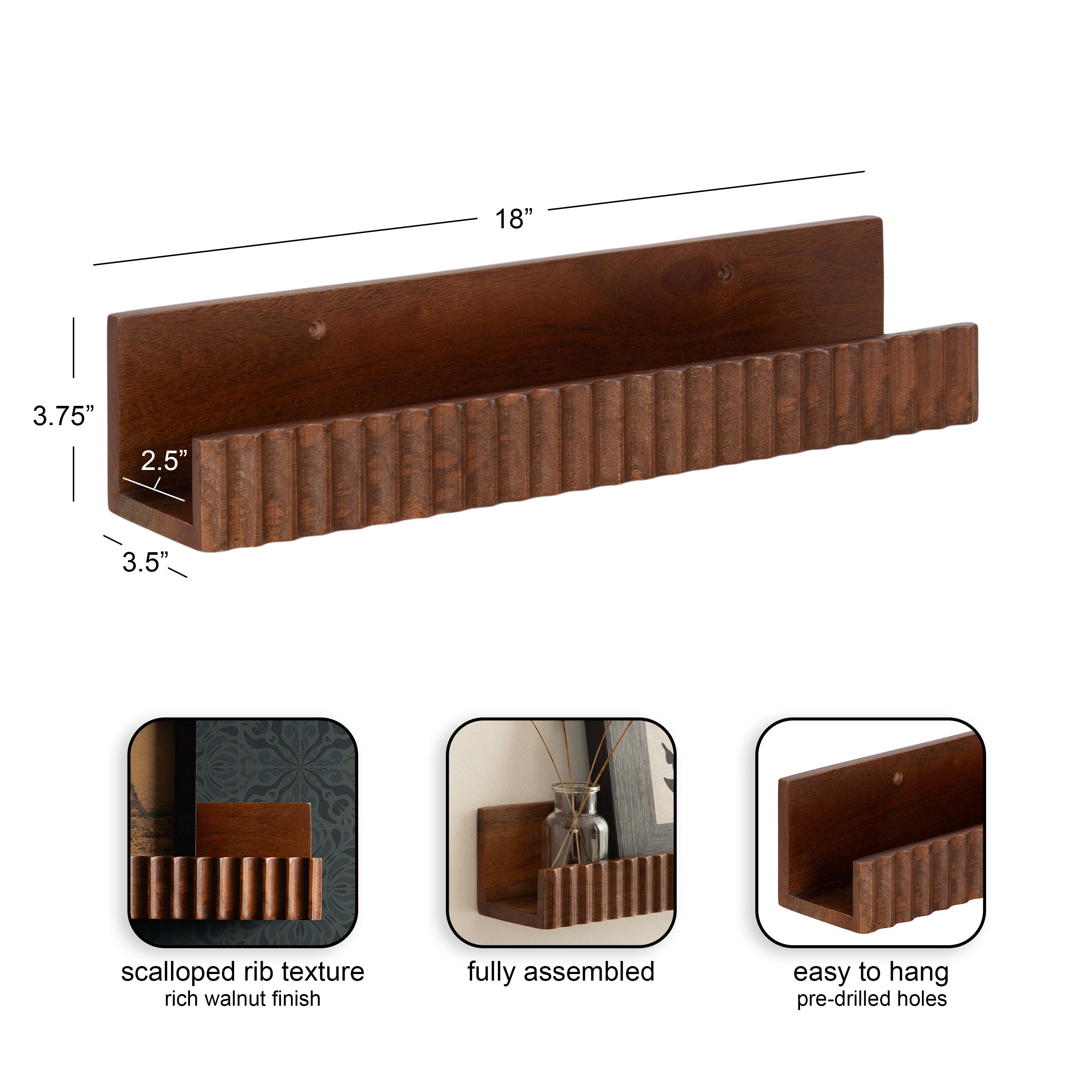 Floating Shelf Walnut Brown 2 Piece 18 Inch 2
