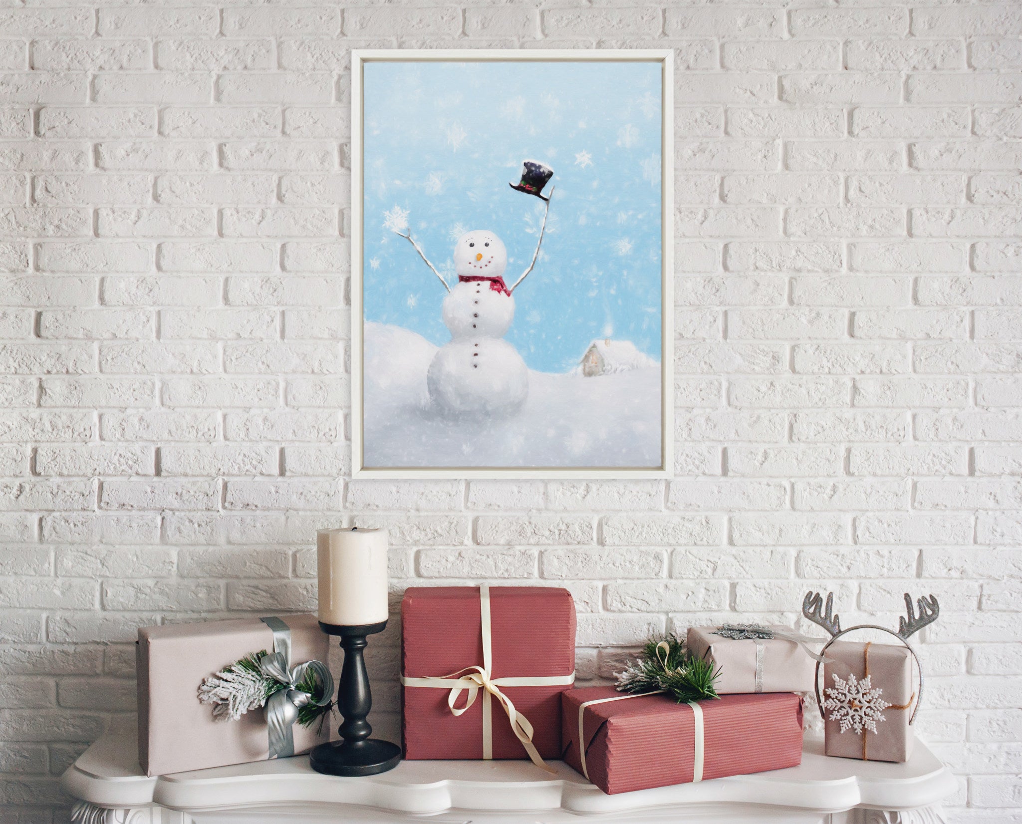 Sylvie Snowman Scarf and Top Hat Winter Cabin Framed Canvas by Abraham Hunter