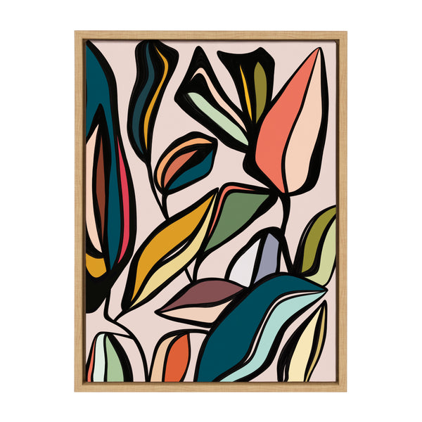 Stampa Su Tela Incorniciata Kate And Laurel 'Fanciful Ficus 2' Di Alicia Bock: Quadro Moderno Con Foglie Colorate, 71x96 Cm, Cornice Naturale, Arte Da Parete Botanica