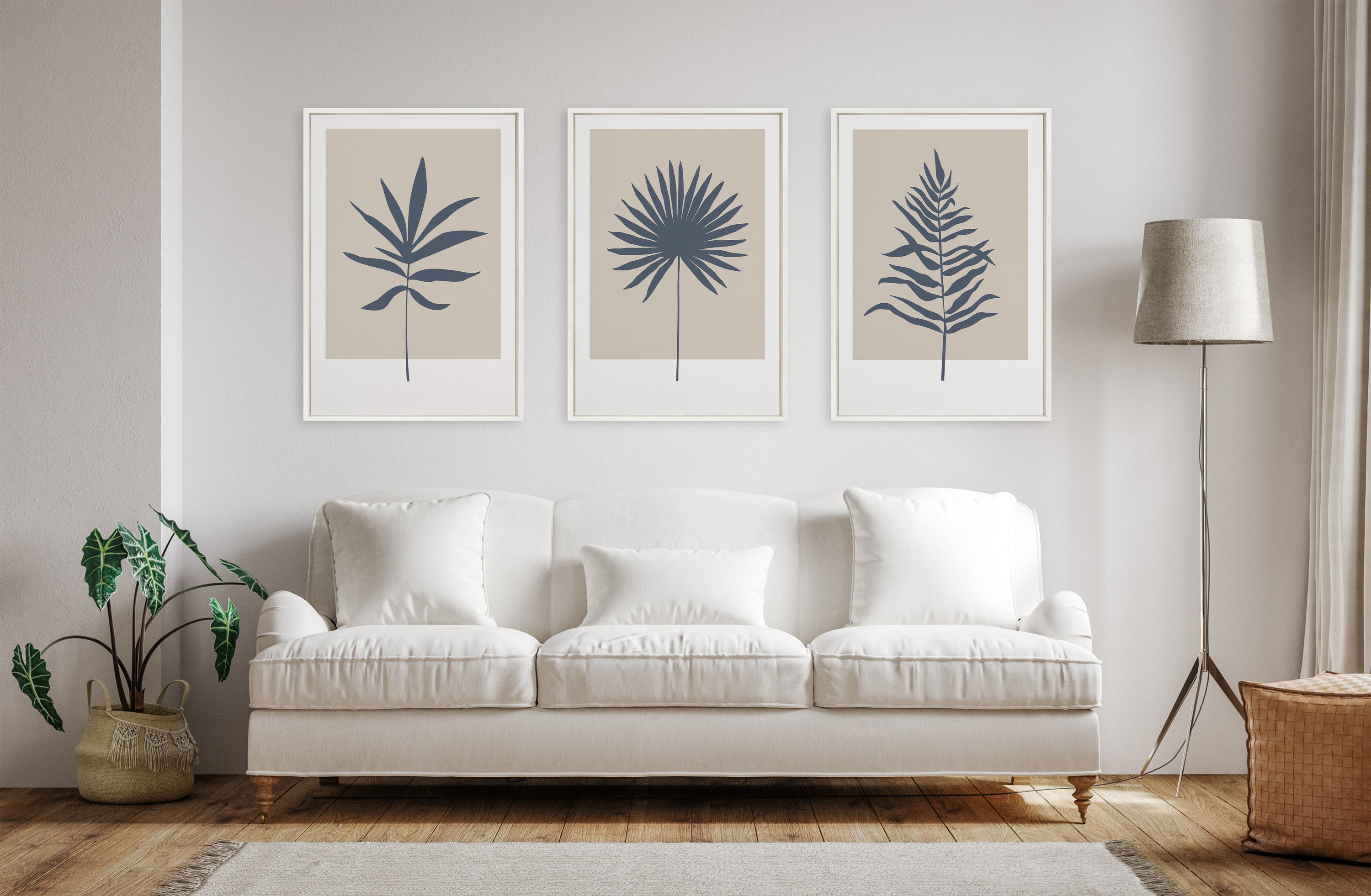 Sylvie Muted Tan and Blue Colorblock Botanical Fern Framed Canvas by The Creative Bunch Studio