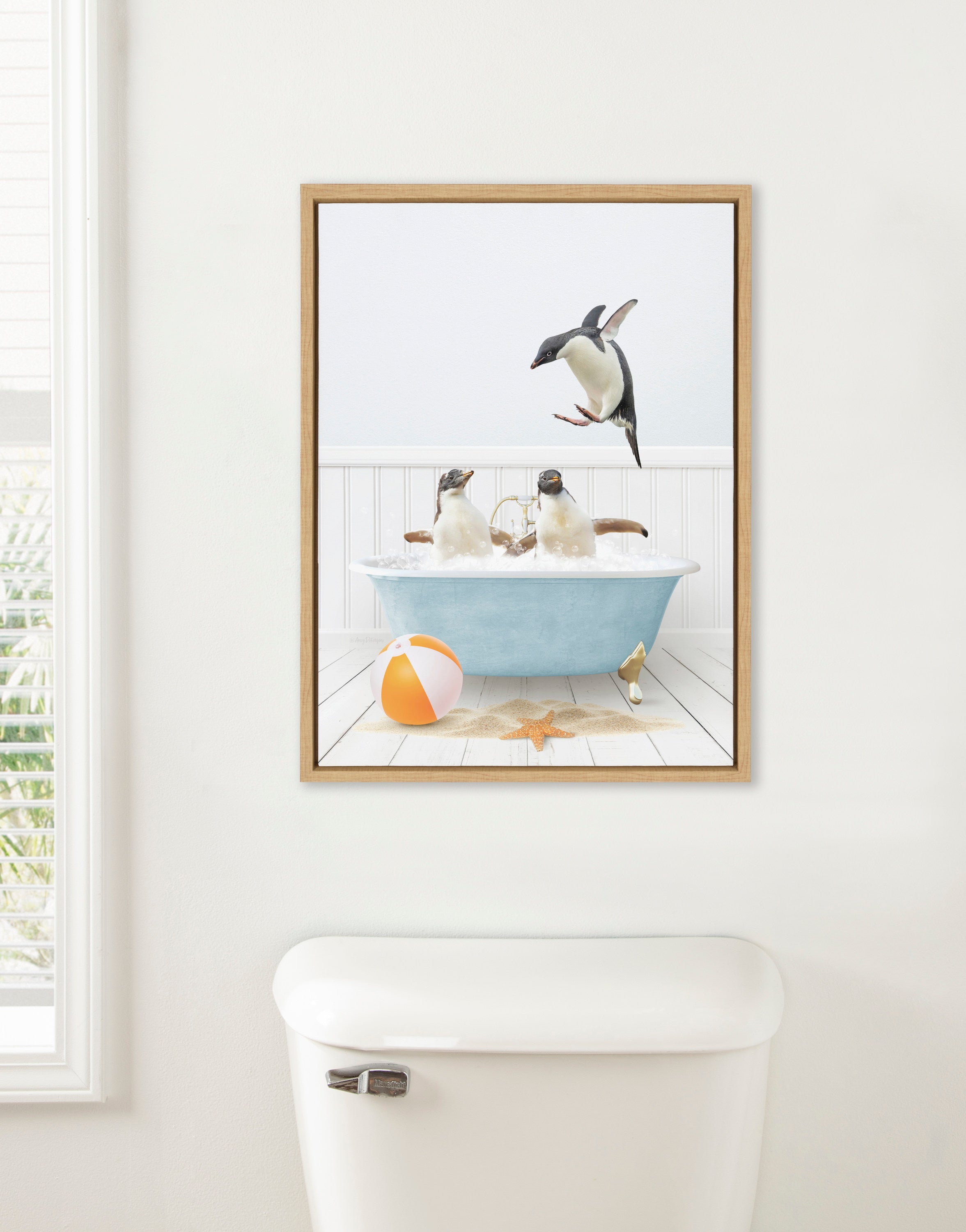 Sylvie Three Penguins Beach House Bath Framed Canvas by Amy Peterson