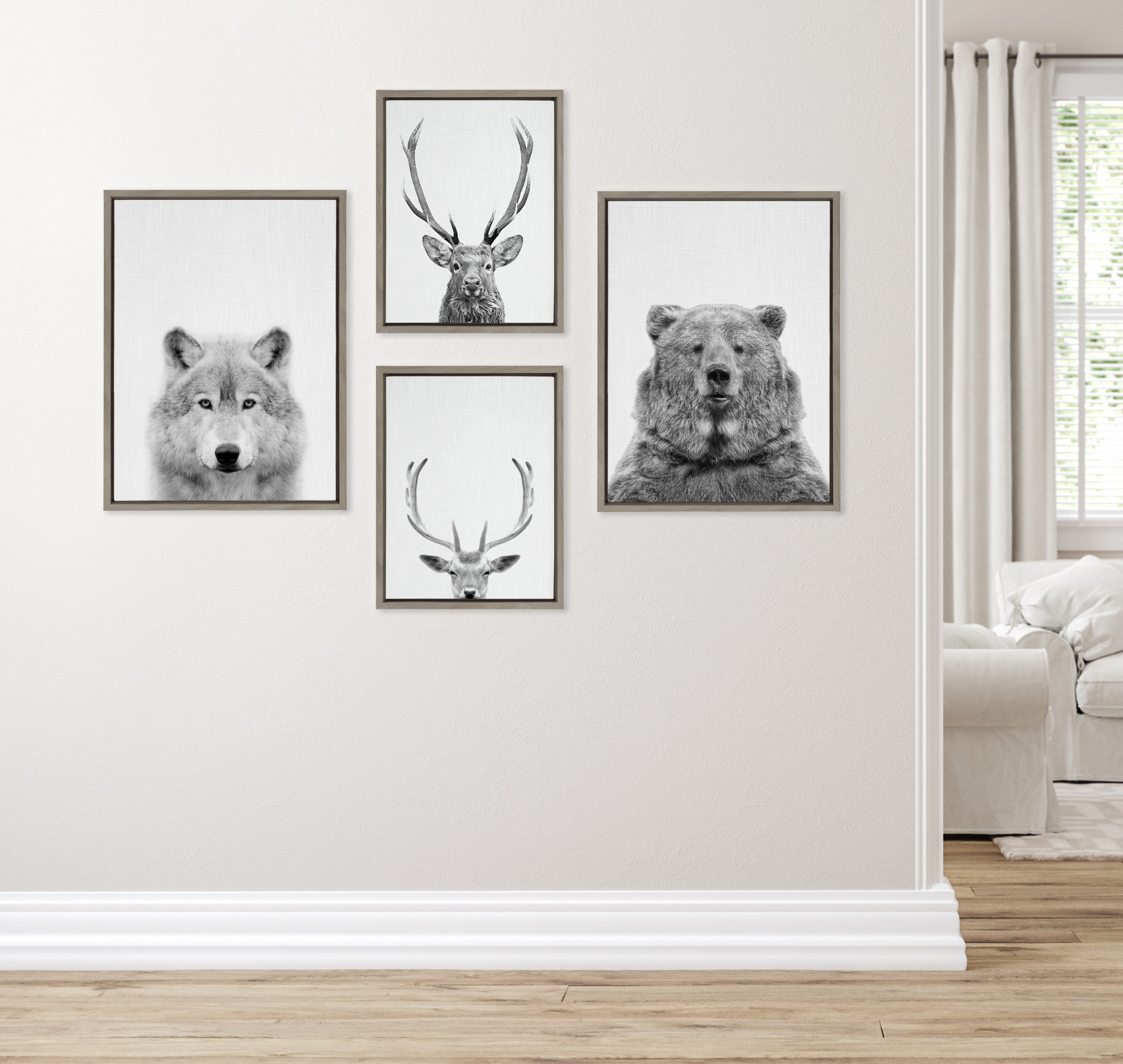 Sylvie Deer, Wolf, Bear European and Cervus Elaphus The Red Deer Black and White Framed Canvas Art Set by Simon Te of Tai Prints