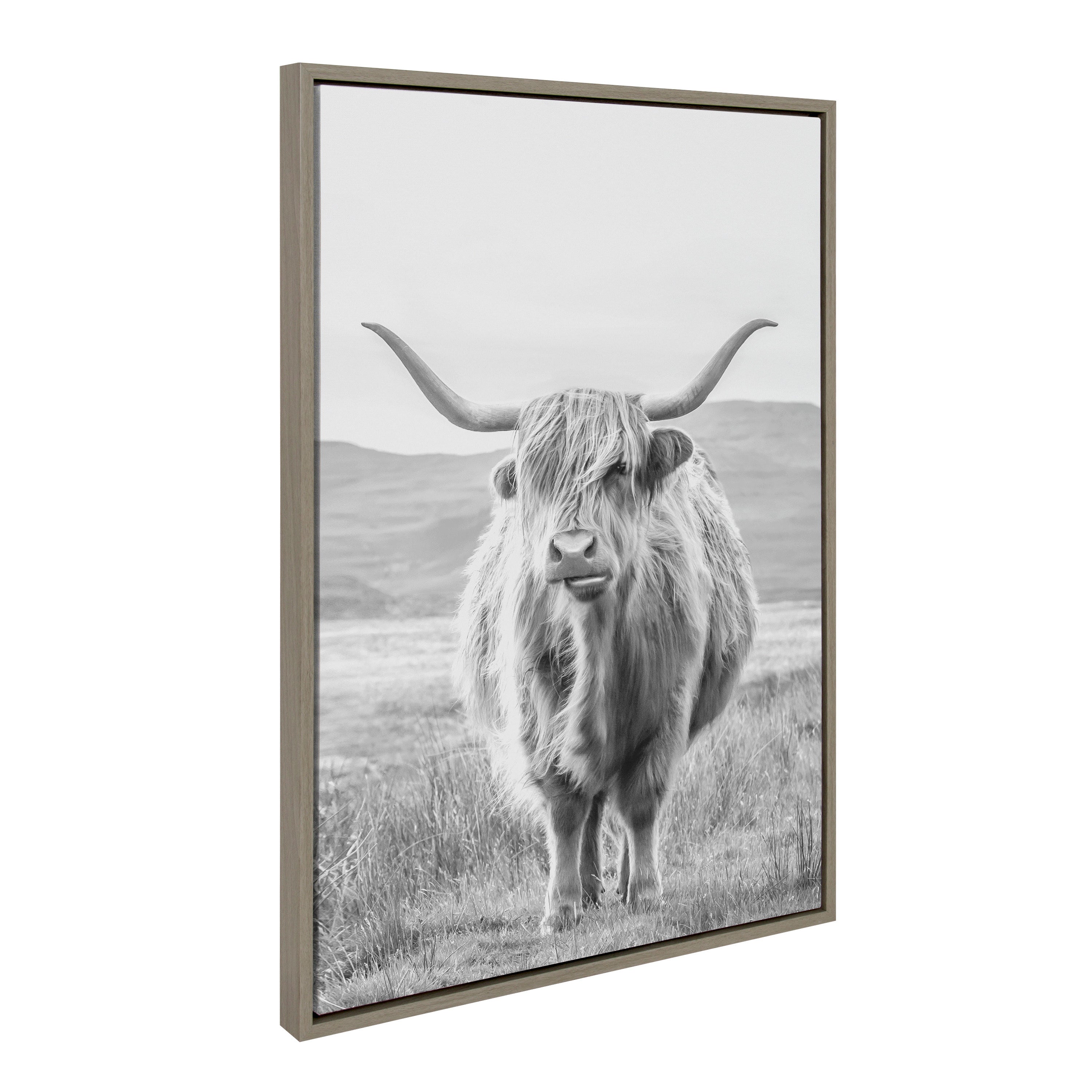 Sylvie Herd of Highland Cows BW Left and Right and Highland Cow Mountain Landscape Black and White Framed Canvas Art Set by The Creative Bunch Studio