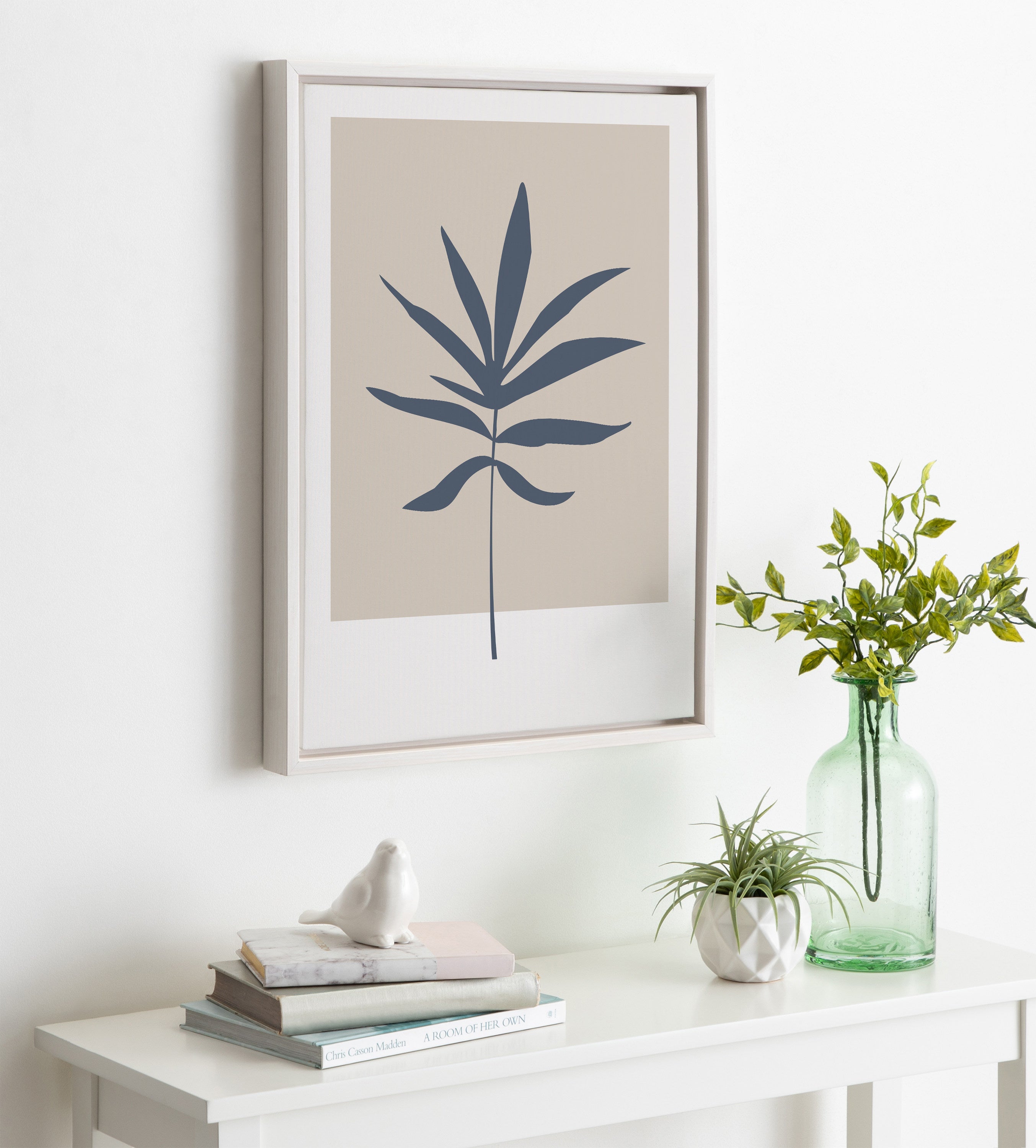 Sylvie Muted Tan and Blue Colorblock Botanical Leaf Framed Canvas by The Creative Bunch Studio