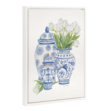 Sylvie Beaded Chinoiserie Jars with White Tulips Framed Canvas by Patricia Shaw