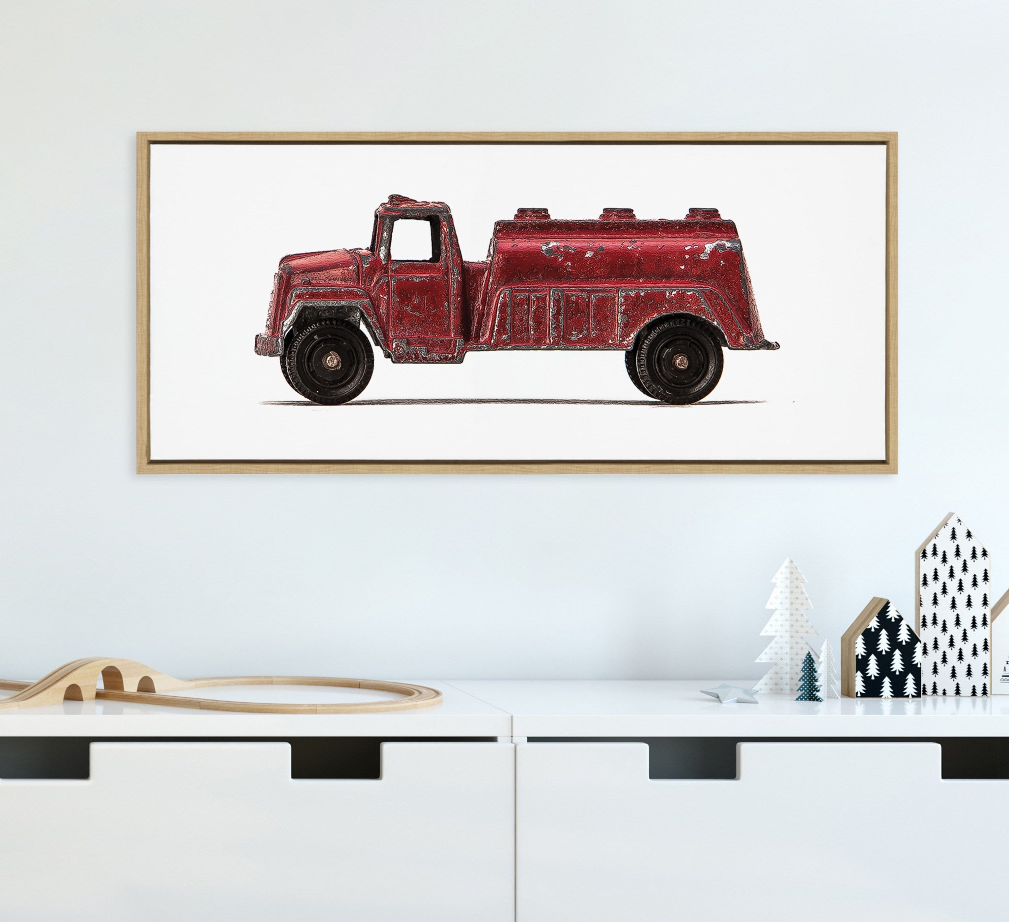 Sylvie Red Vintage Toy Water Truck Framed Canvas by Saint and Sailor Studios