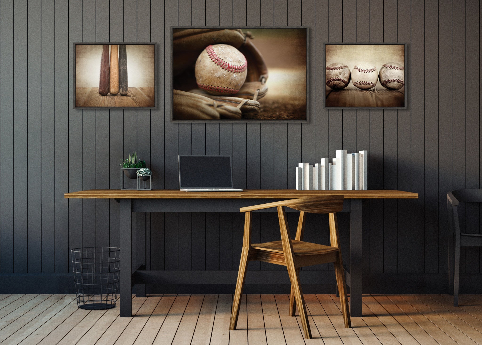 Sylvie Three Vintage Bats, Baseball Glove at Home Plate and Three Vintage Baseballs Framed Canvas Art Set by Saint and Sailor Studios