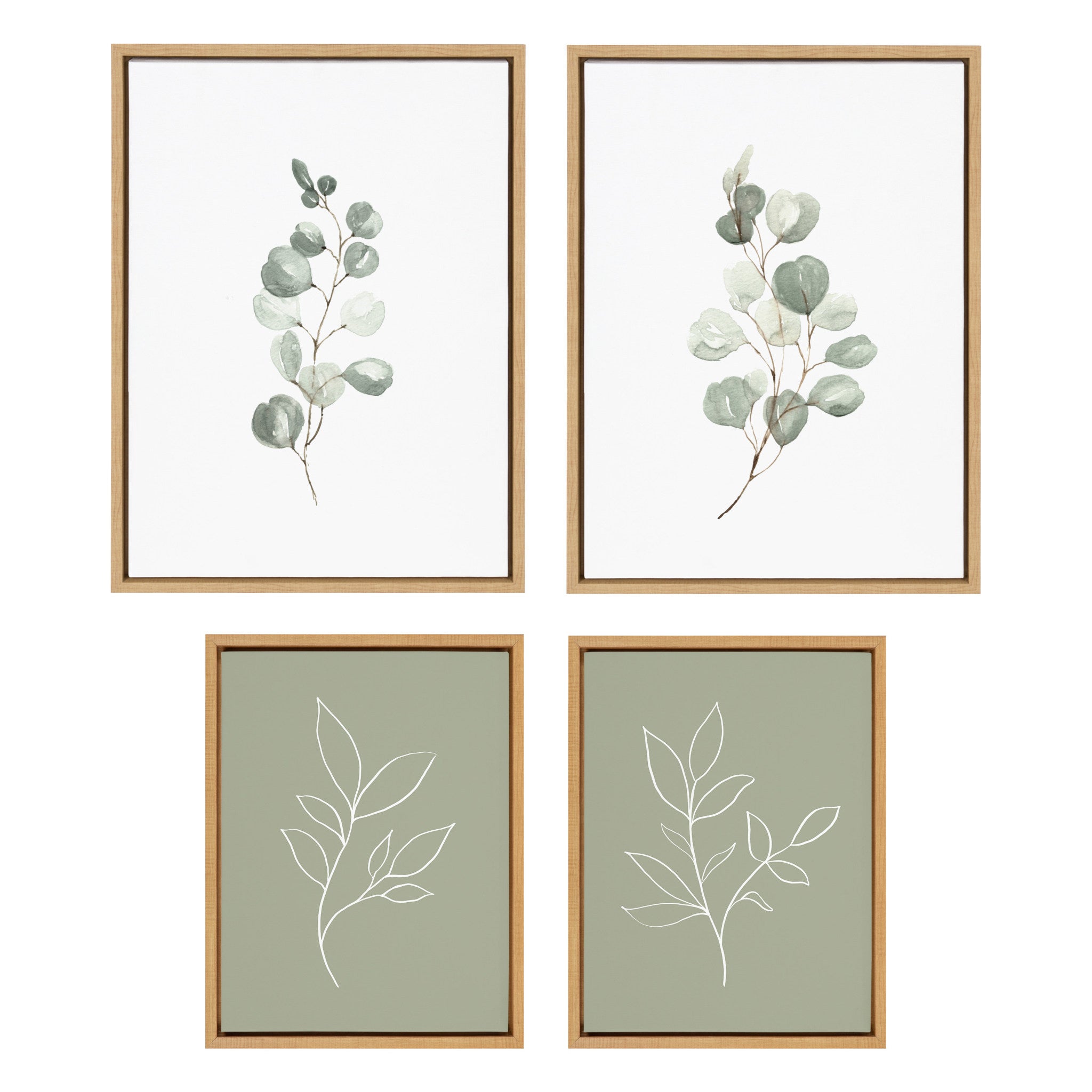 Sylvie Eucalyptus 4a, Eucalyptus 4b and Modern Sage Green Botanical Line Sketch Print 1 and 3 Framed Canvas Art Set by Various Artists