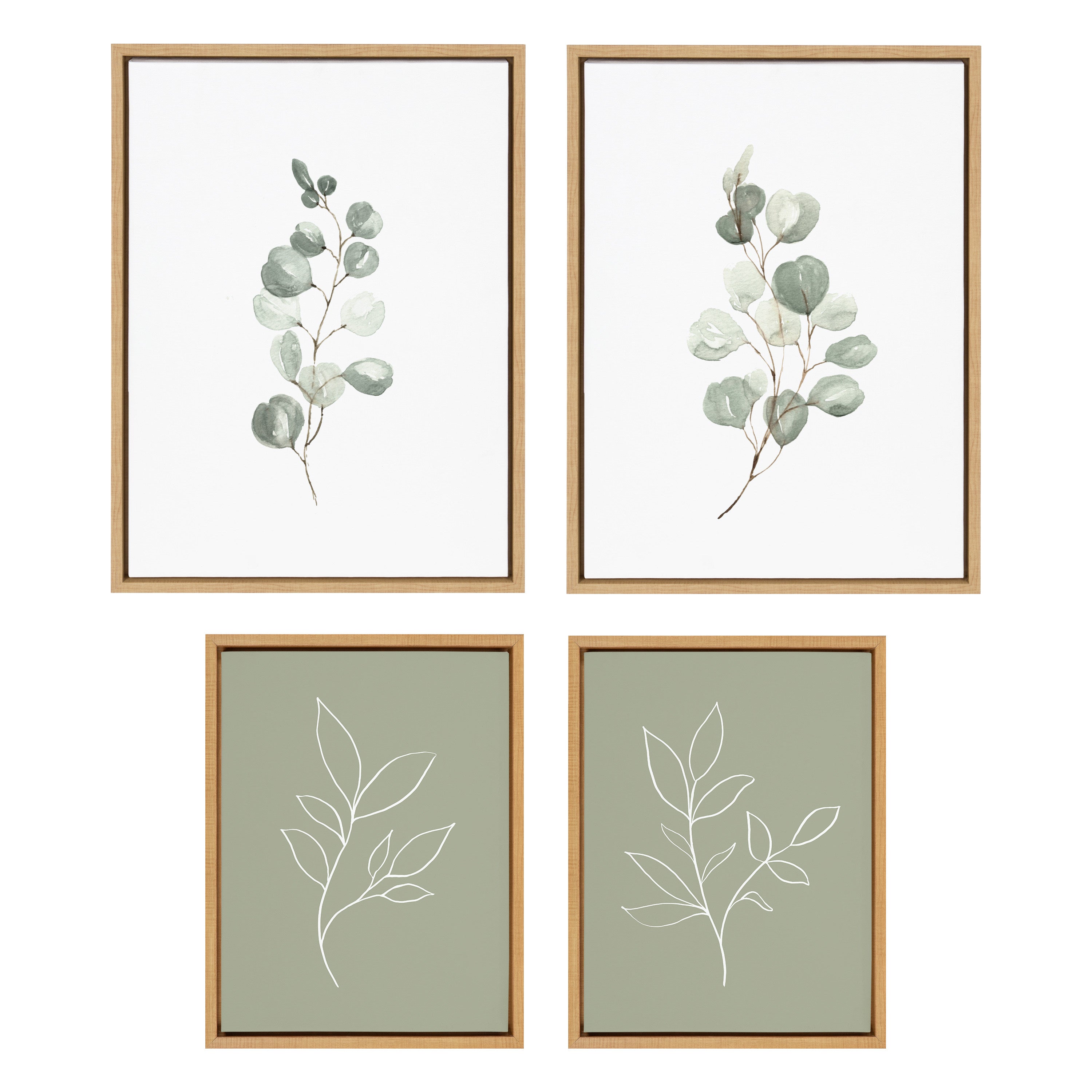 Sylvie Eucalyptus 4a, Eucalyptus 4b and Modern Sage Green Botanical Line Sketch Print 1 and 3 Framed Canvas Art Set by Various Artists