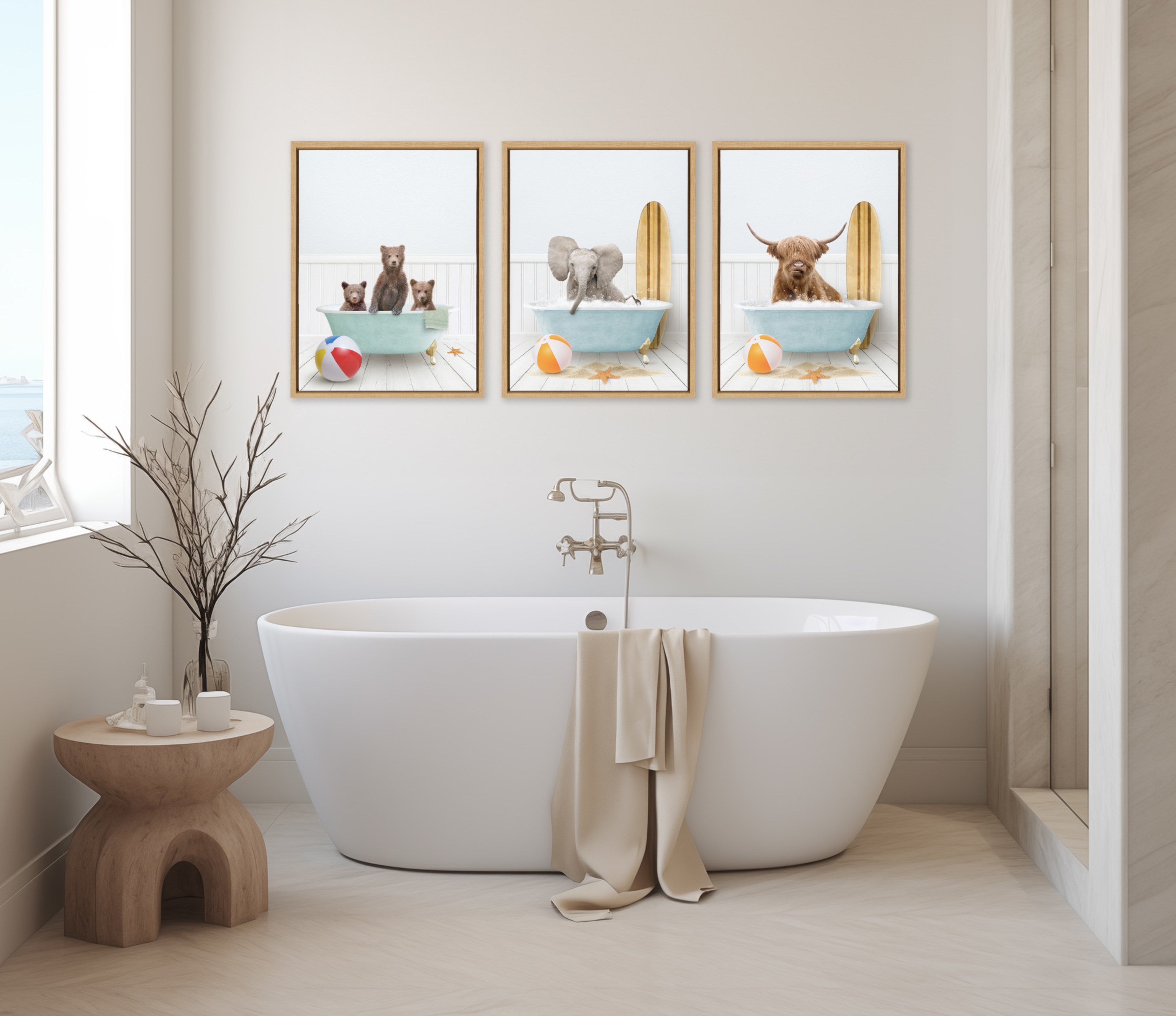 Sylvie Highland Cow Beach House Bath with Surfboard Framed Canvas by Amy Peterson