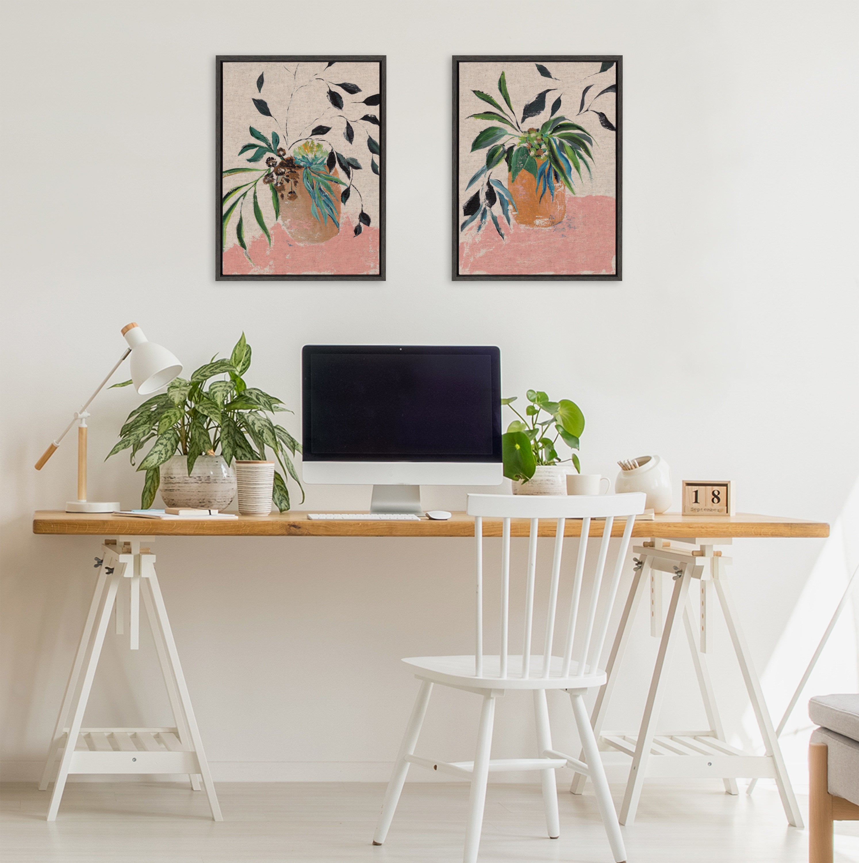 Sylvie Wild Foliage l and II Neutral Linen Framed Canvas Art Set by Nikita Jariwala