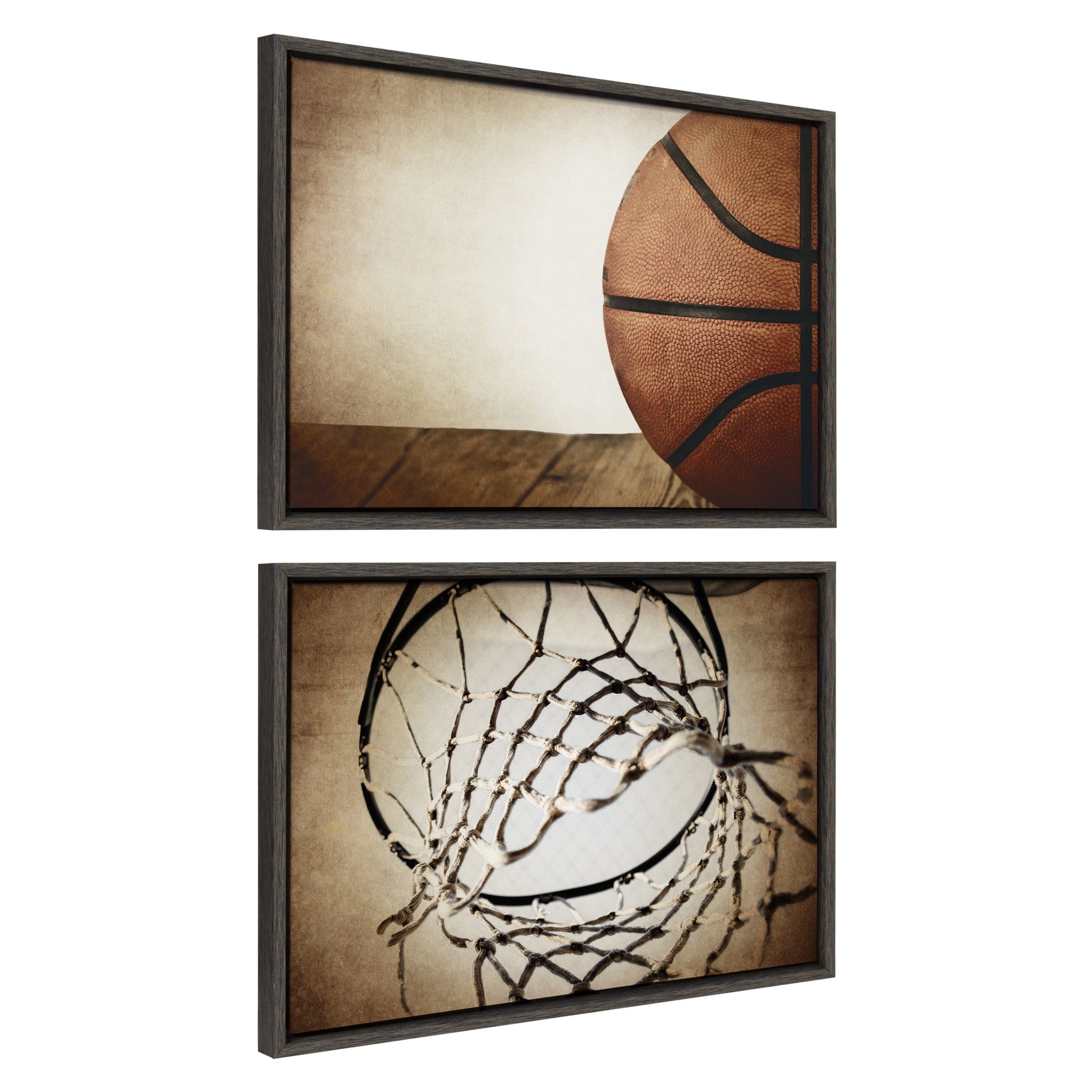 Sylvie Vintage Half Basketball and Vintage Basketball Net Framed Canvas Art Set by Saint and Sailor Studios