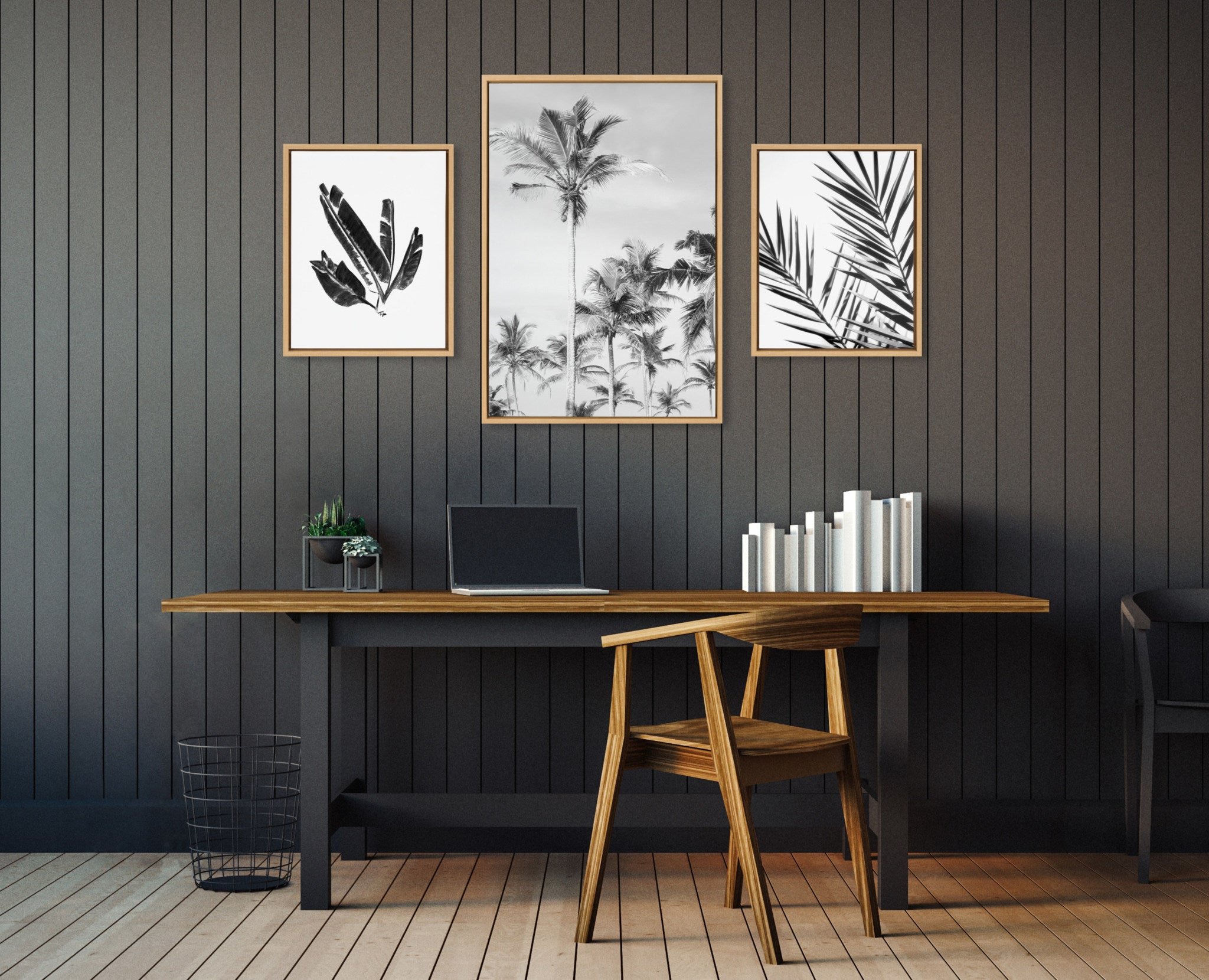 Sylvie Coastal Coconut Palm Tree Beach, 583 Banana Leaf and Palm I Black and White Framed Canvas Art Set by Various Artists