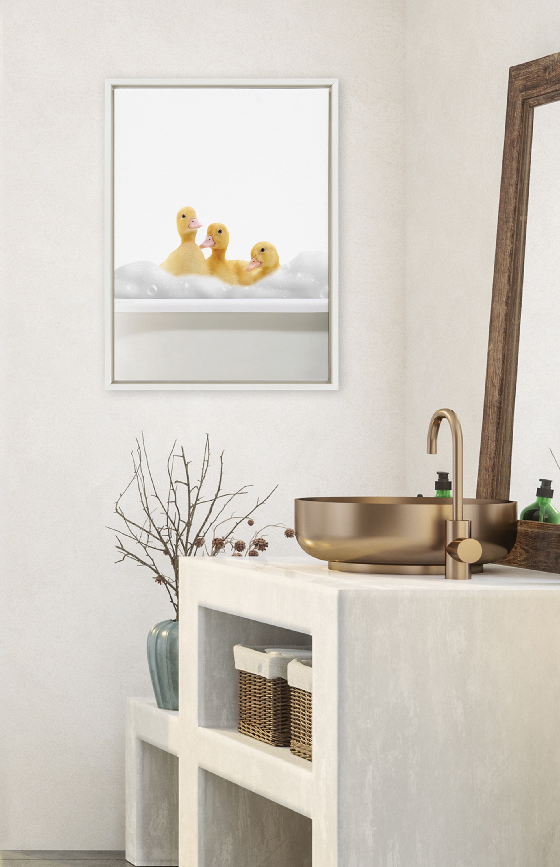 Sylvie Bathroom Bubble Bath 3 Ducks Framed Canvas by The Creative Bunch Studio