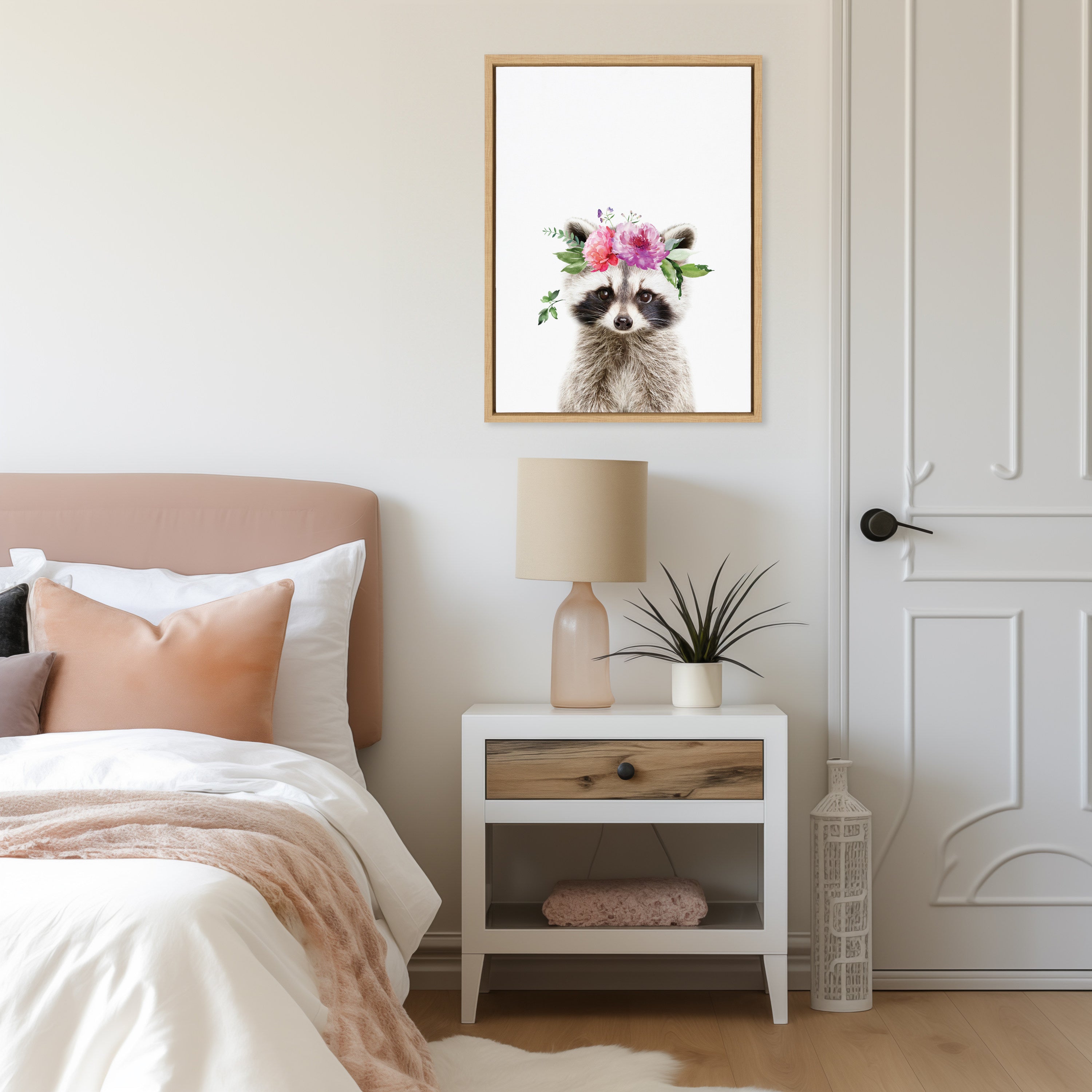 Sylvie Flower Crown Raccoon Framed Canvas by Amy Peterson Art Studio