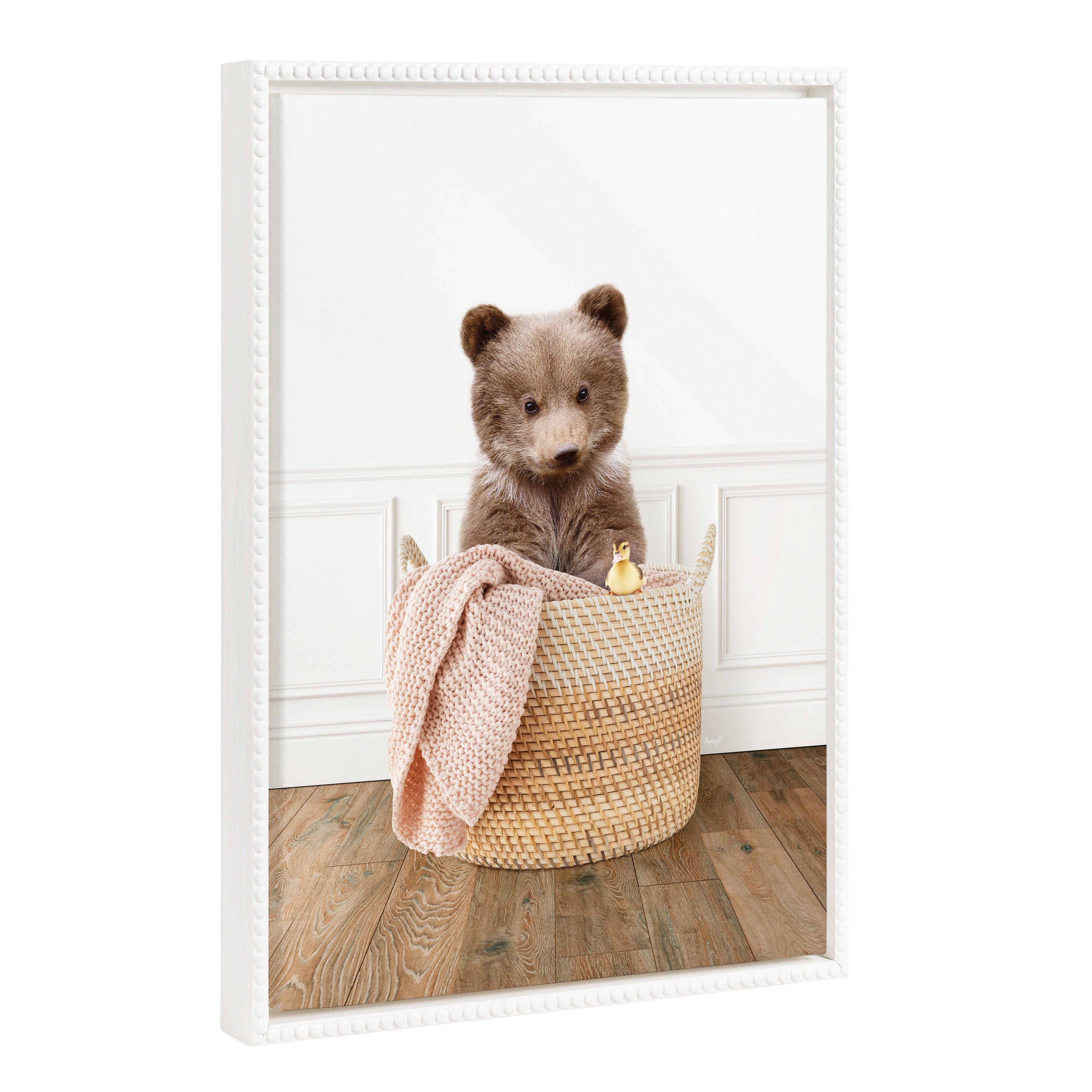 Sylvie Beaded Bear Cub In Laundry Basket Traditional Style Framed Canvas by Amy Peterson
