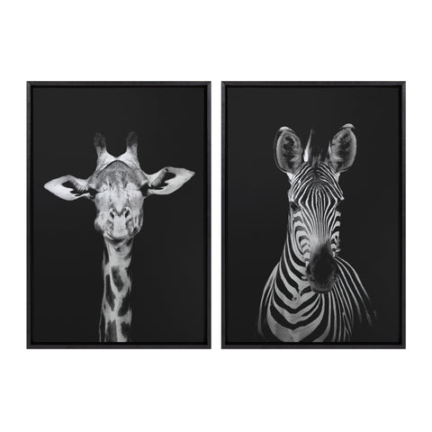 Sylvie Minimalist Giraffe Animal Portrait on Black BW and Minimalist Zebra Animal Portrait on Black BW Framed Canvas by The Creative Bunch Studio