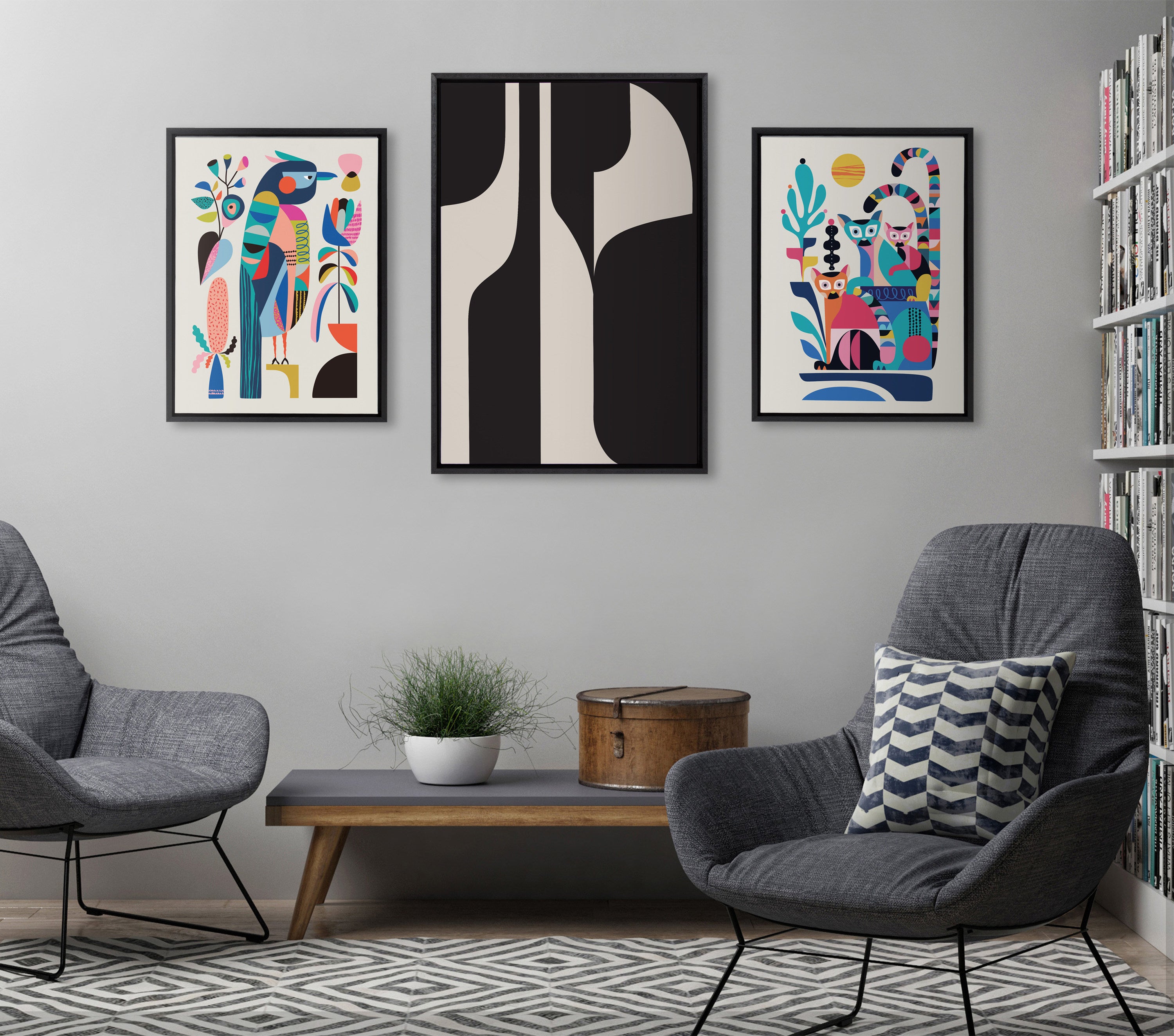 Sylvie Eye Catching Sleek Abstract 6 Black and Beige Framed Canvas by The Creative Bunch Studio
