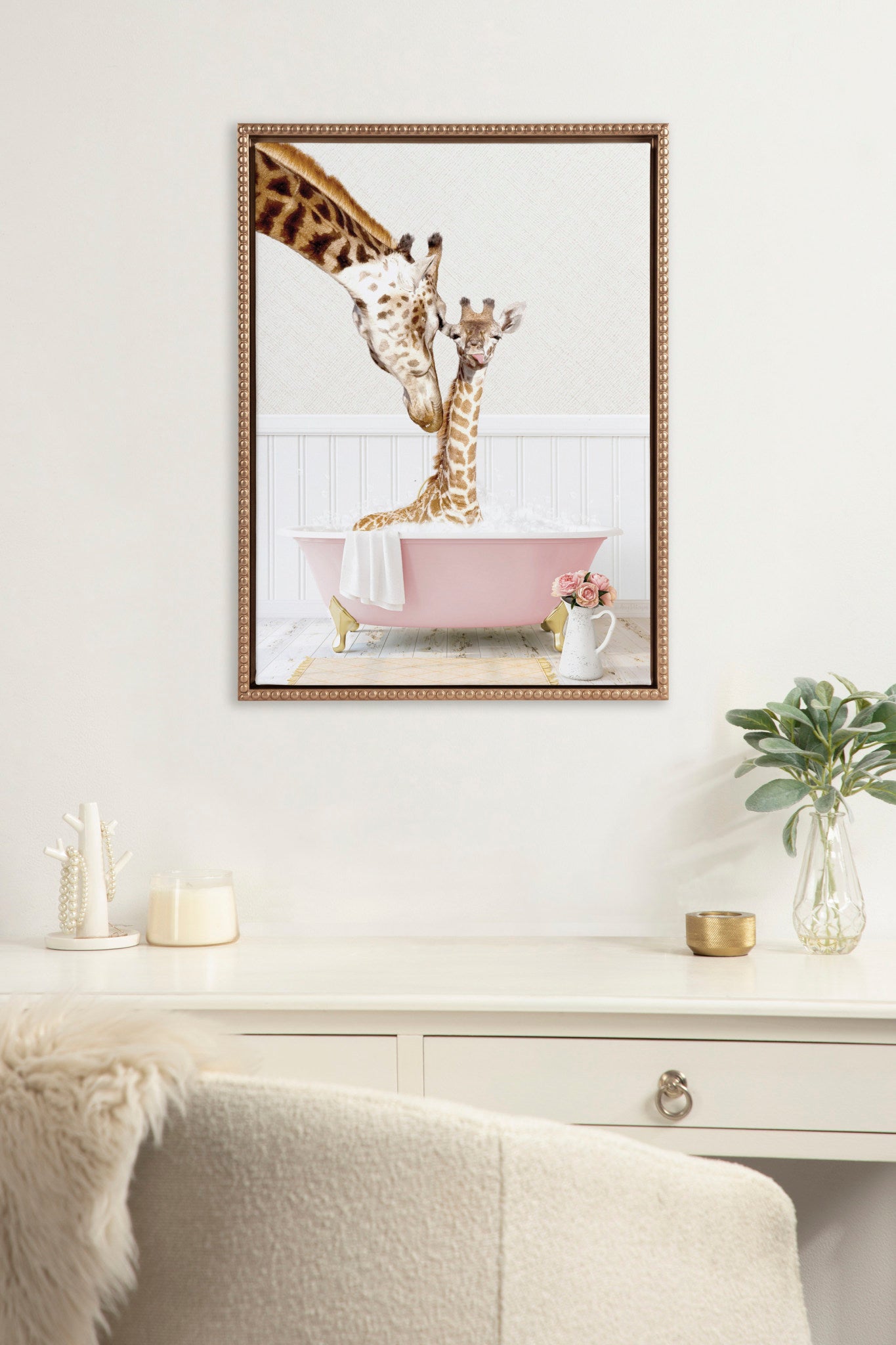 Sylvie Beaded Mother and Baby Giraffe in Cottage Rose Bath Framed Canvas by Amy Peterson