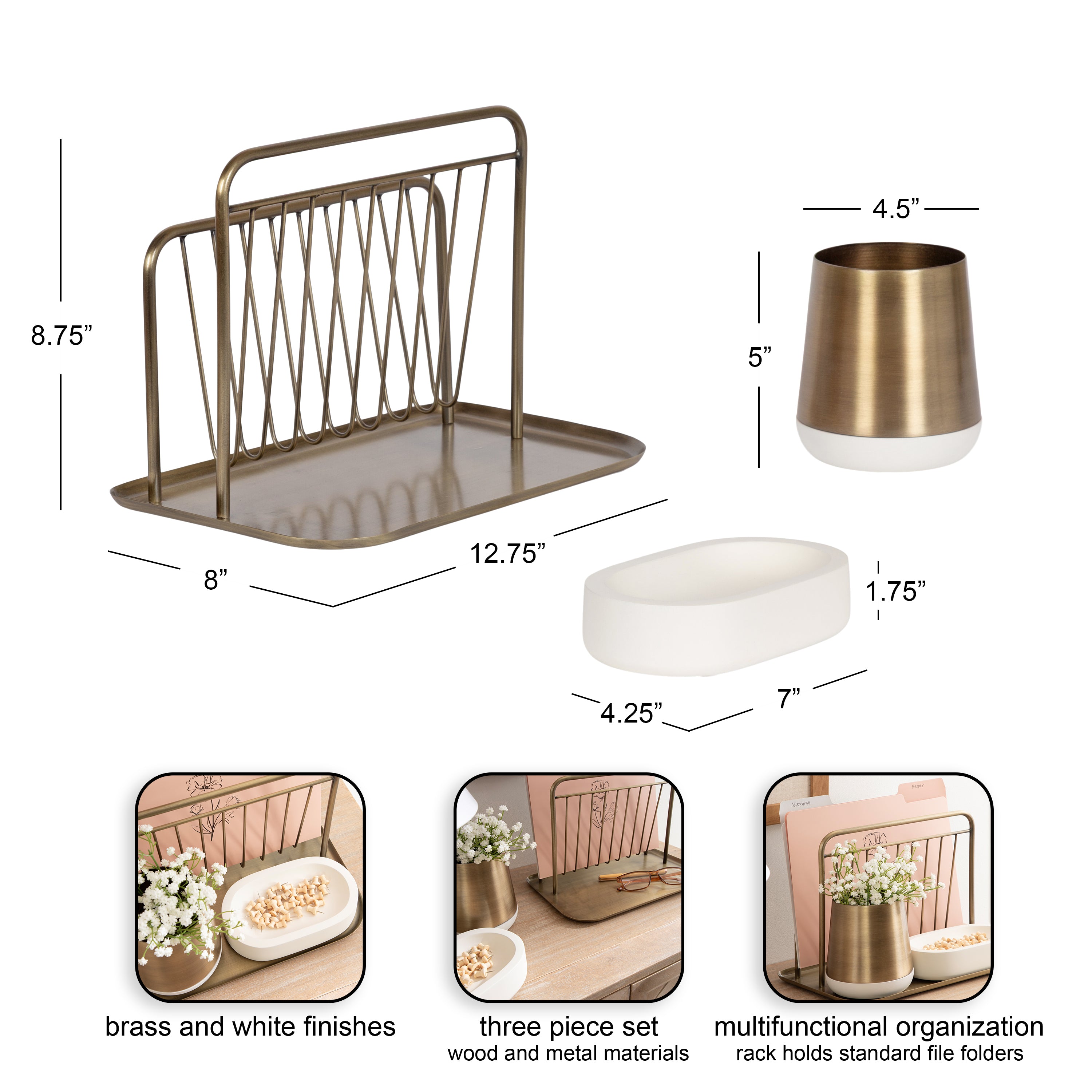 File Folder Organizer White Gold 3 Piece 2