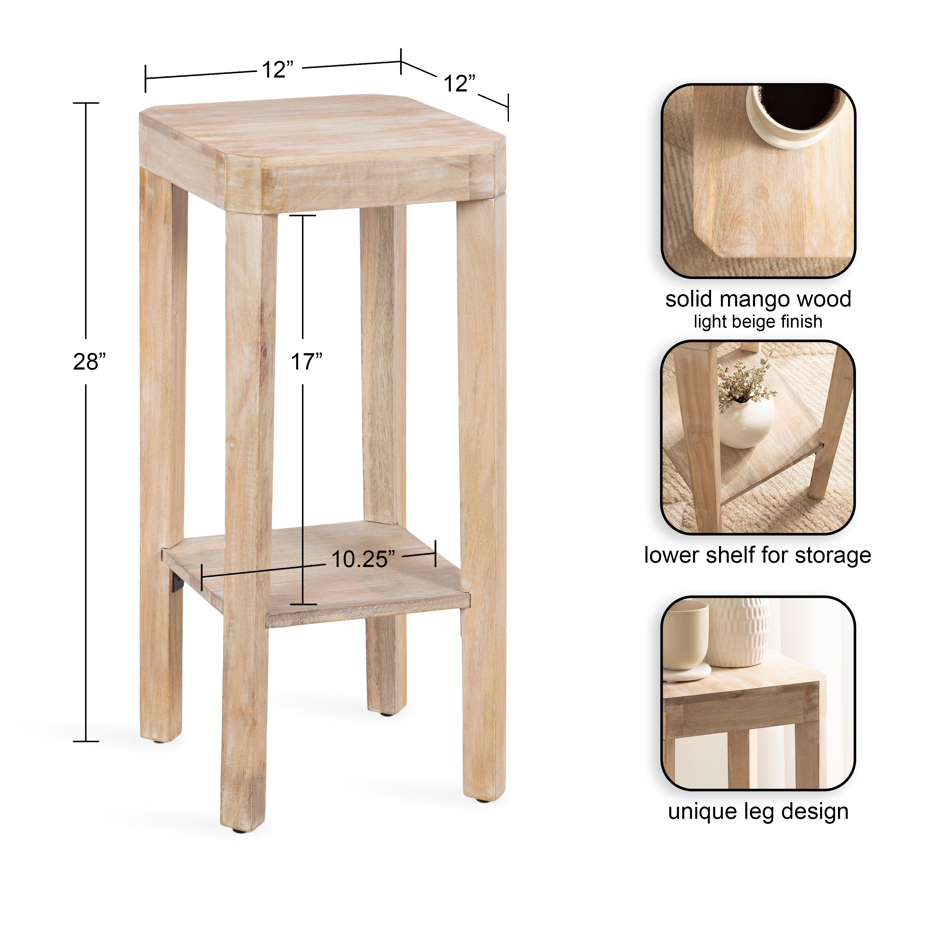 Side Table Natural Beige 12x12x28 2